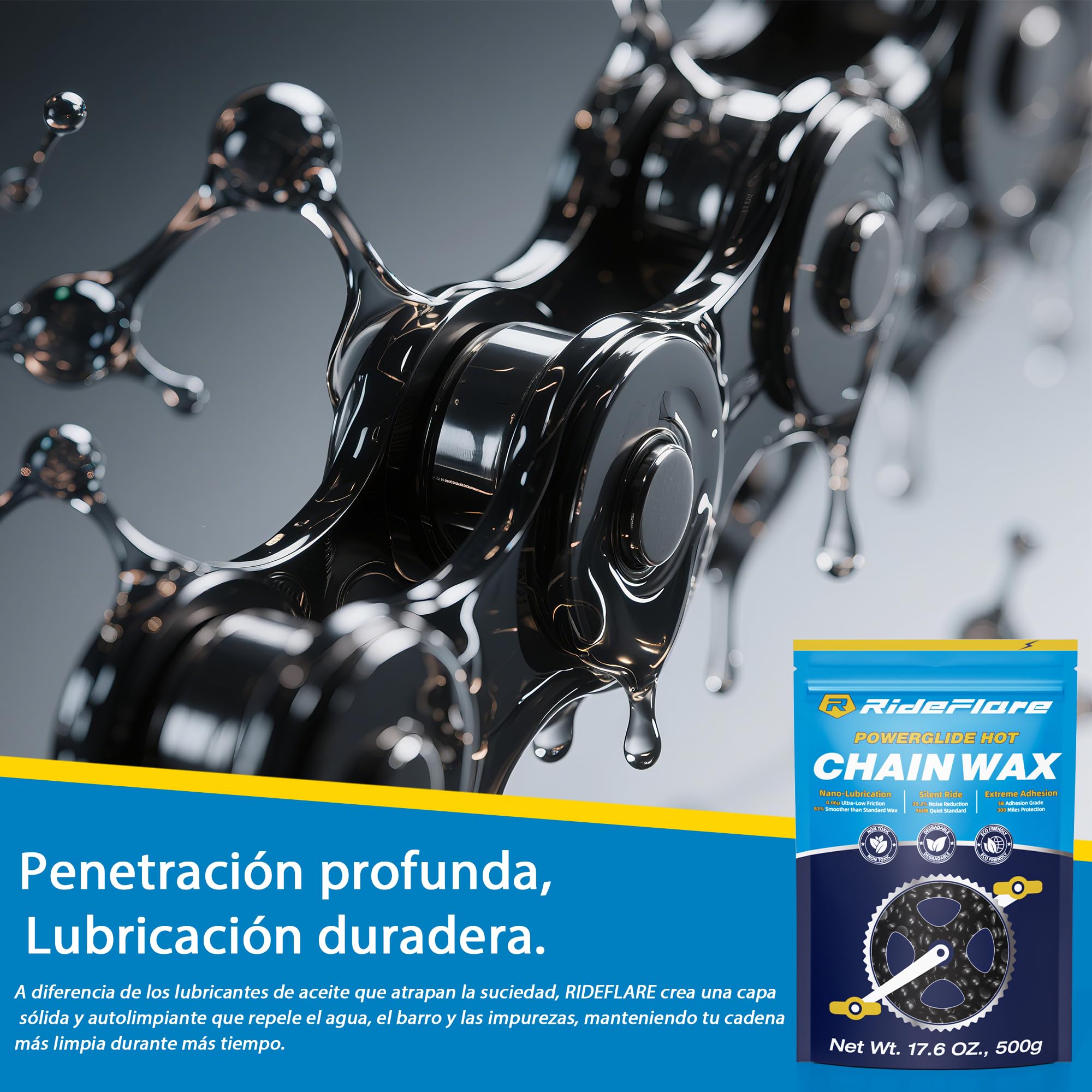 RideFlare Sistema Fusión Cera Cadena Bici – Sin Desorden, Control Temp. Preciso y Cera Ultra Bajo Rozamiento para Transmisión Silenciosa y Limpia.