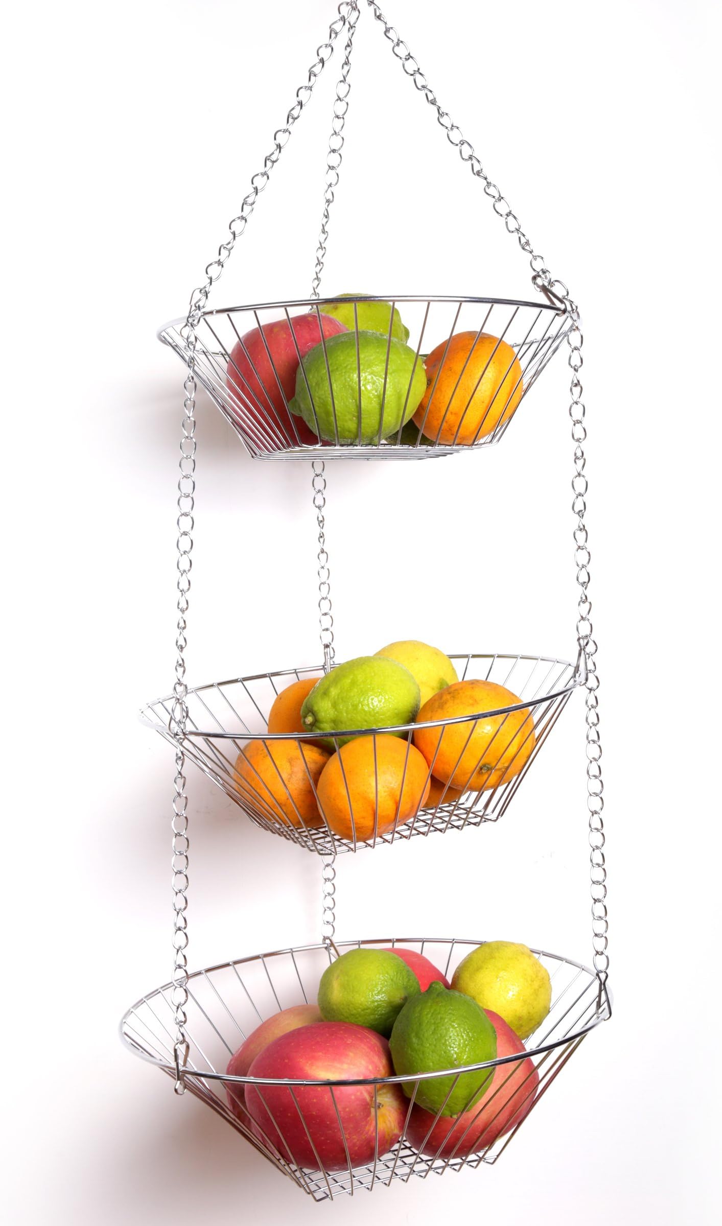 Creative Home Chrome Plated Iron Wire 3-Tier Hanging Basket Kitchen Accessory Storage Organizer, 11.8" Diam. x 31.5" H Hanging Size
