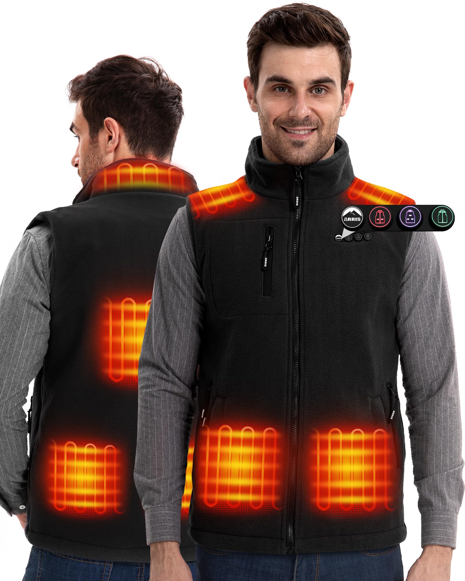 ARRIS Heated Mens Vest with Battery Pack 7.4V, Size Adjustbale Fleece Heated Vest with Shoulder Heat, Hand Warmer for Winter Hunting Skiing, Unisex