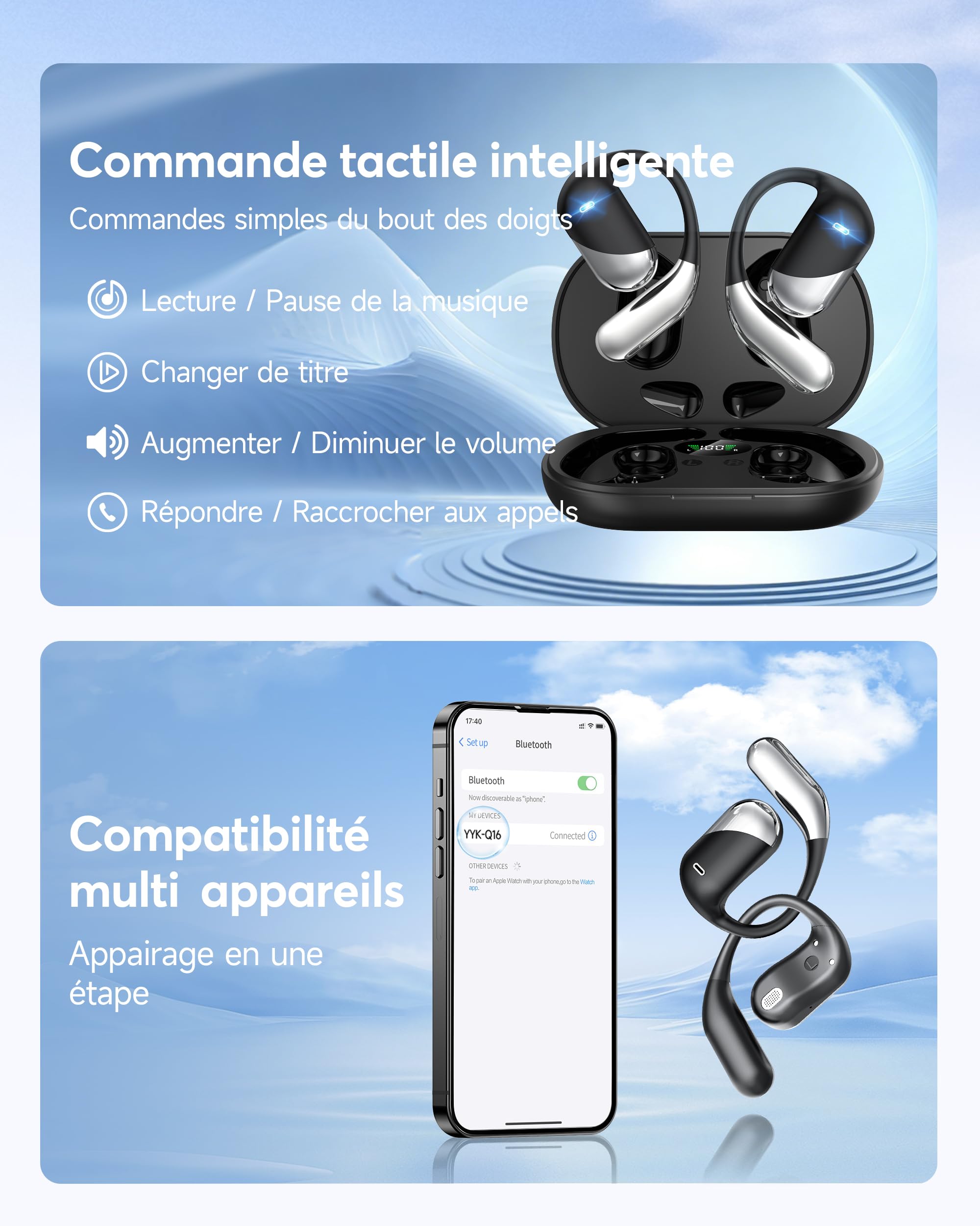 Paekole Casque à Conduction osseuse,écouteurs Bluetooth V6.1 sans Fil avec Micro,autonomie 80 h,écouteurs étanches IP7, Casque Sport avec Crochet d’Oreille pour Fitness/Musique/Appel