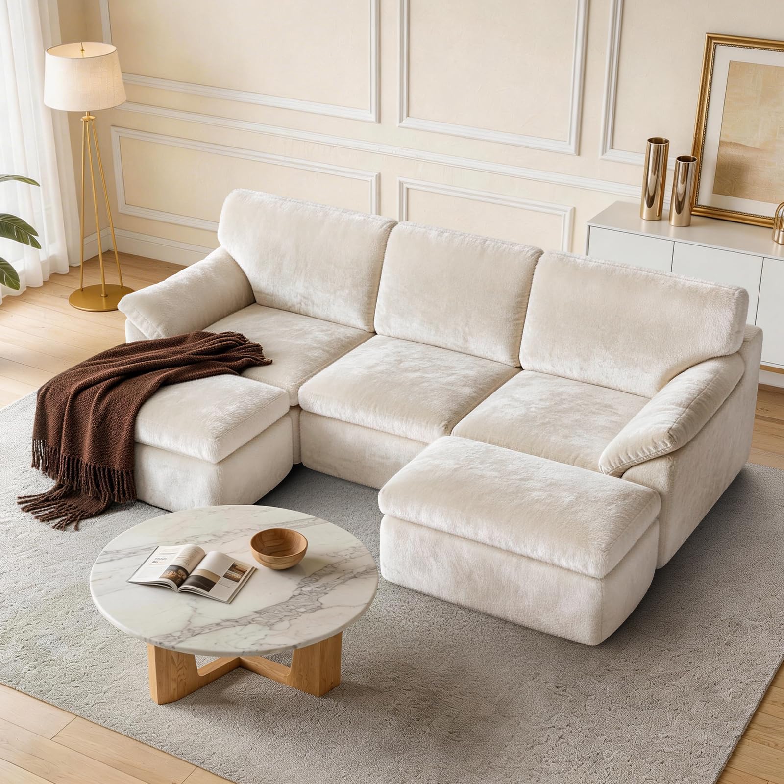 Boneless Cloud Sectional Couch – 94" Oversized Modular Sofa, No Assembly Required, High-Density Foam Deep Seat Chenille Fabric for Living Room & Apartment (3 Seats + 2 Ottomans), Beige