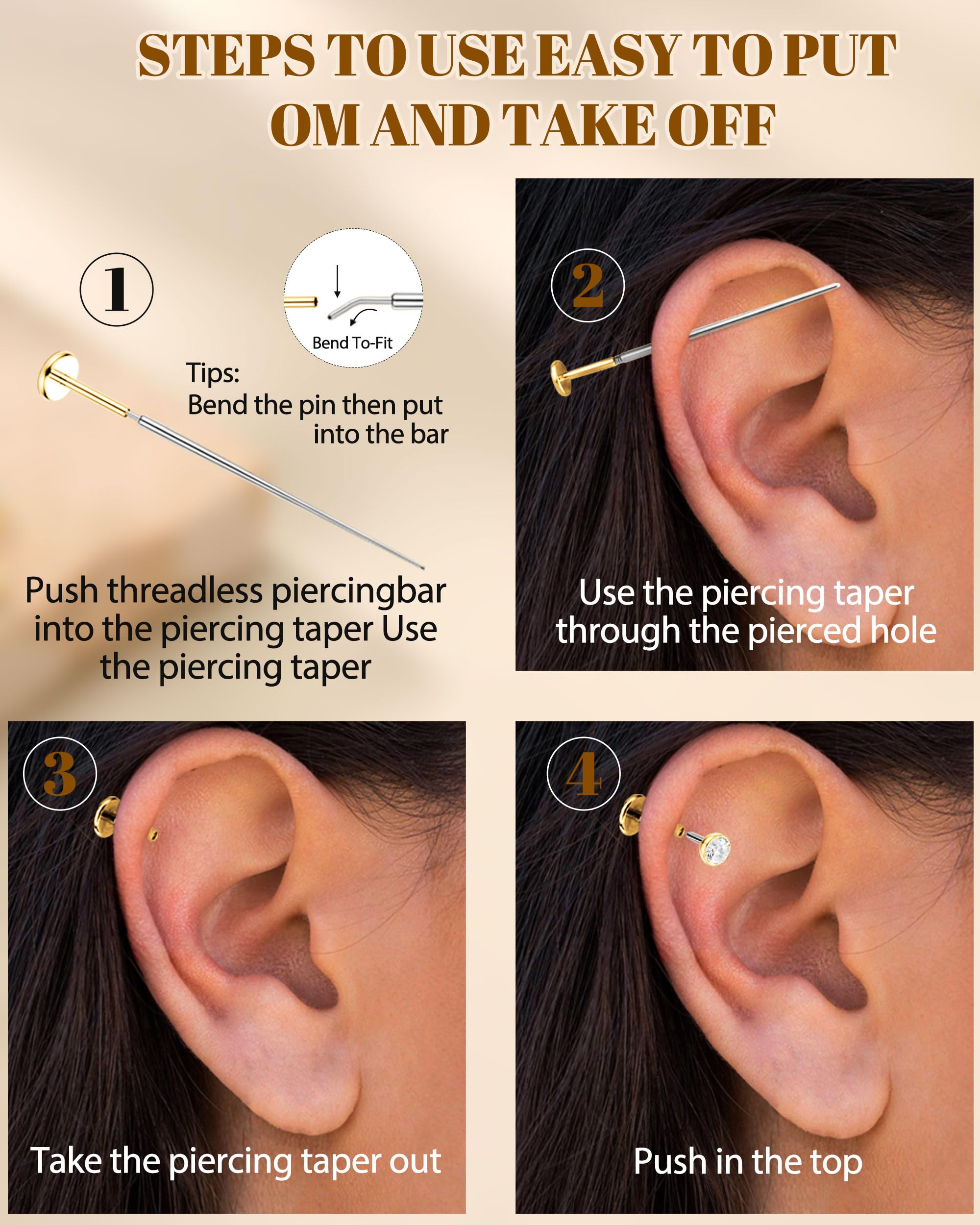 LOLIAS 16G/20G Piercing Oreja Tragus Labret Acero Quirurgico Hipoalergénico CZ Pendiente Mujer Pequeño Conch Helix Labio Oro/Plata