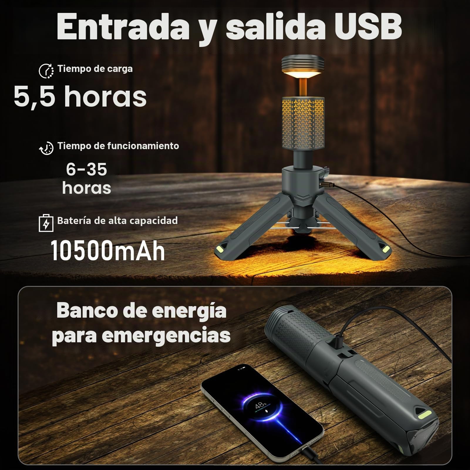 LED Exterior Luz Lampara Linterna Camping Recargable Retráctil, Máximo 35 Horas de Funcionamiento, Batería de 10500mAh, Linternas LED Alta Potencia Para Camping Senderismo Pesca Emergencia