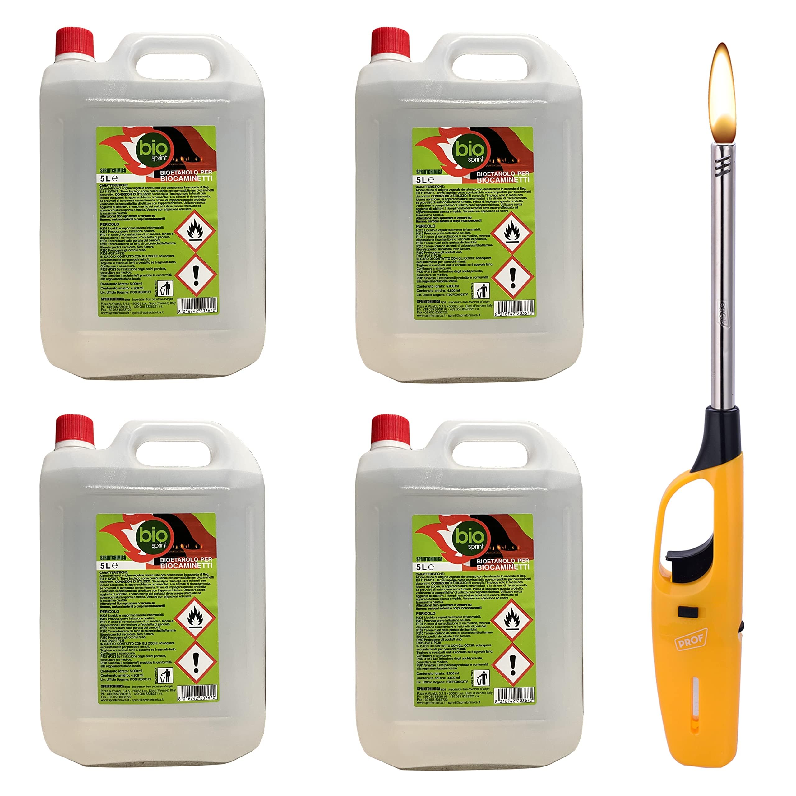 4X5LT BIOETANOLO COMBUSTIBILE Liquido Ecologico Naturale INODORE Camino + Accendino Omaggio