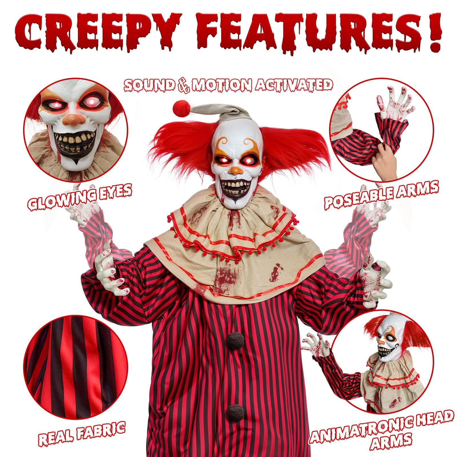 Presence Decoraciones de Halloween de 72 Pulgadas para Exteriores, Payaso animatrónico de pie con Ojos Rojos iluminados, Brazos y Cabeza móviles activados por Movimiento y Sonido, Payaso Aterrador