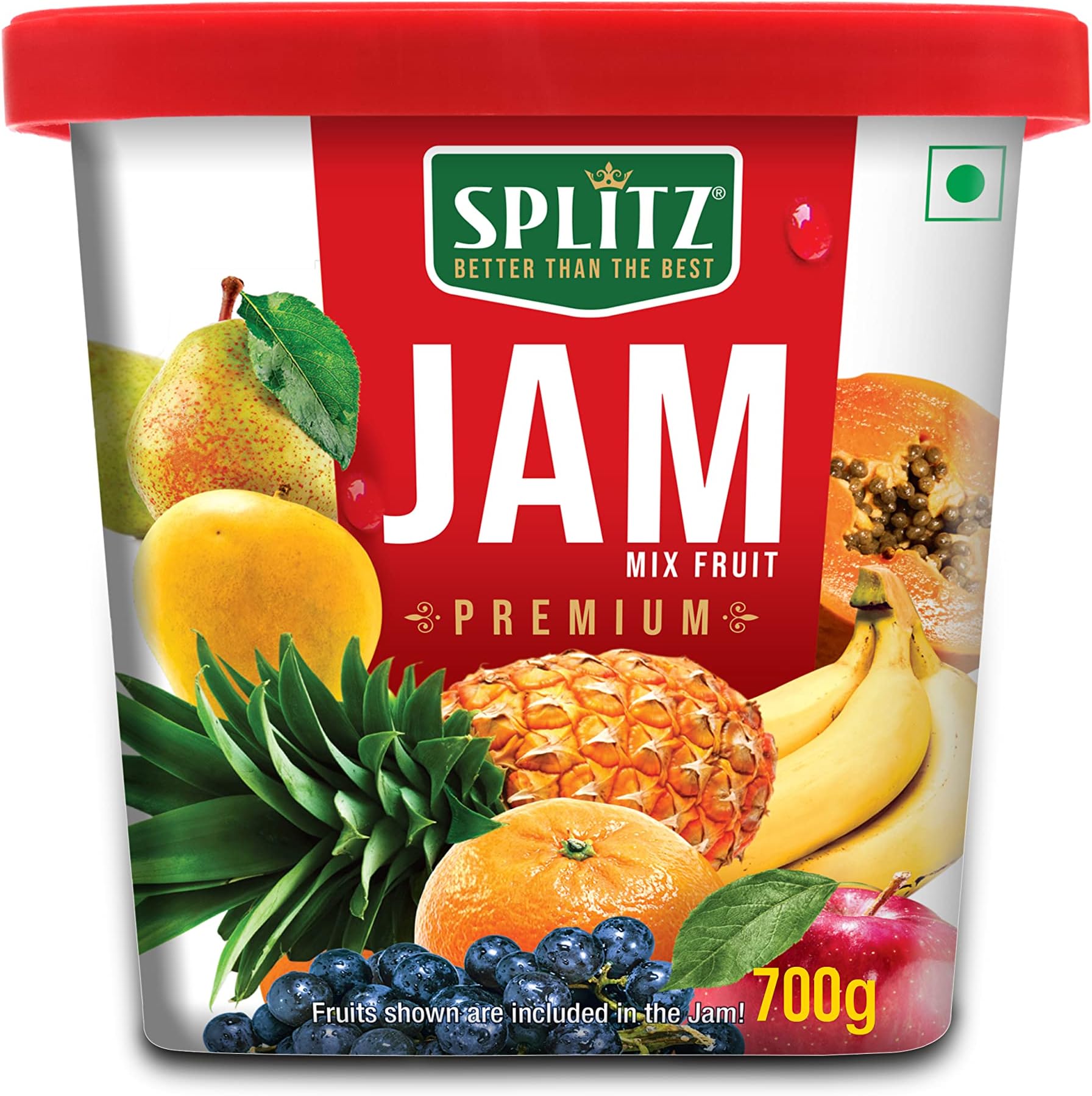 Splitz Premium Mixed Fruit Jam 700g Jar. 100% Natural Fruits - Pear, Mango, Pineapple, Orange Grapes, Apple, Banana & Papaya.