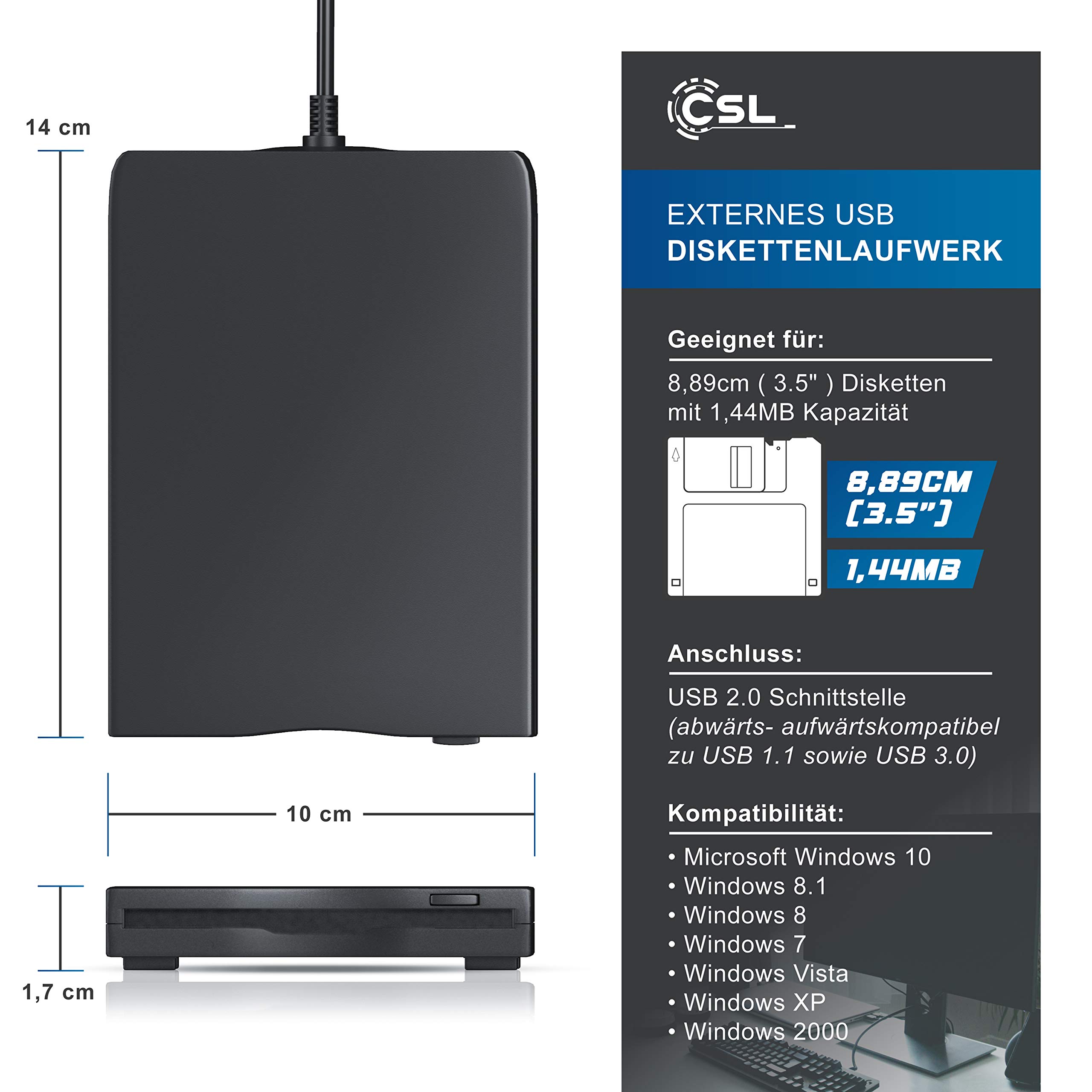 CSL - Externes USB Diskettenlaufwerk FDD 1,44MB 3,5 Zoll - PC - Slimline Floppy Disk Drive Extern - Portable - Plug and Play - schwarz - Windows 11 fähig