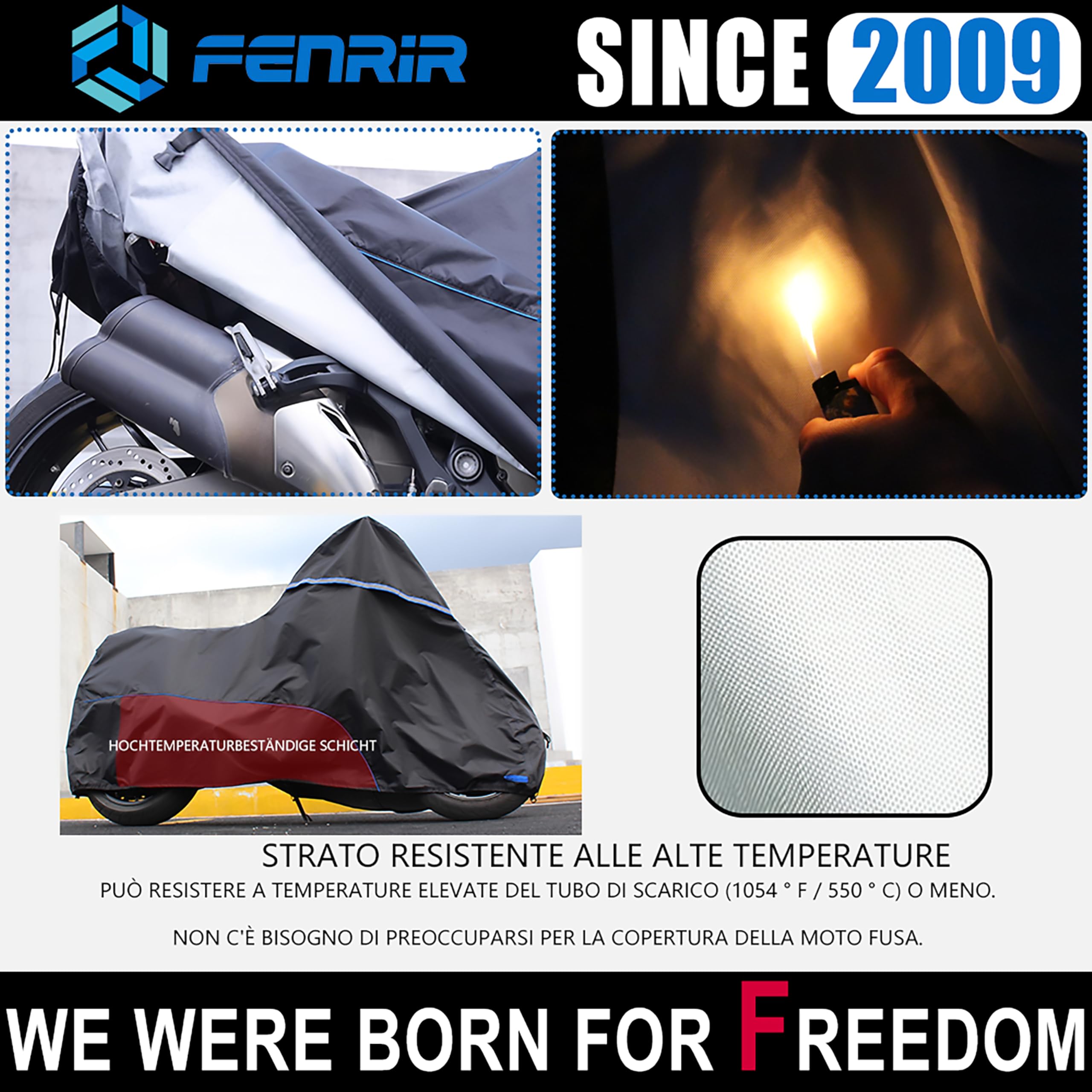 FENRIR 220CM 420D Coprimoto motocicletta telo copri moto da esterno telo coprimoto telo moto impermeabile Tubo di scarico con protezione UV resistente al calore per Scooter Naked Super Sport Enduro