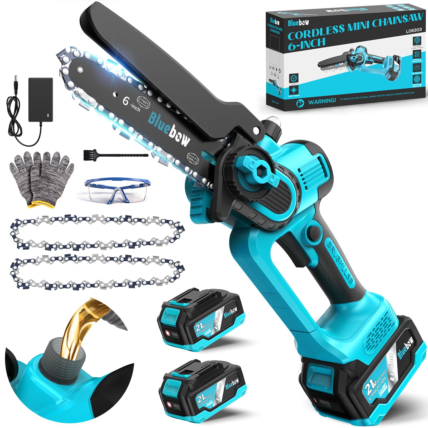Mini motosierra inalámbrica sin escobillas, sierra eléctrica de 6 pulgadas con sistema de engrasador, motosierra con 2 baterías de 4000 mAh, motosierra pequeña con bloqueo de seguridad para cortar