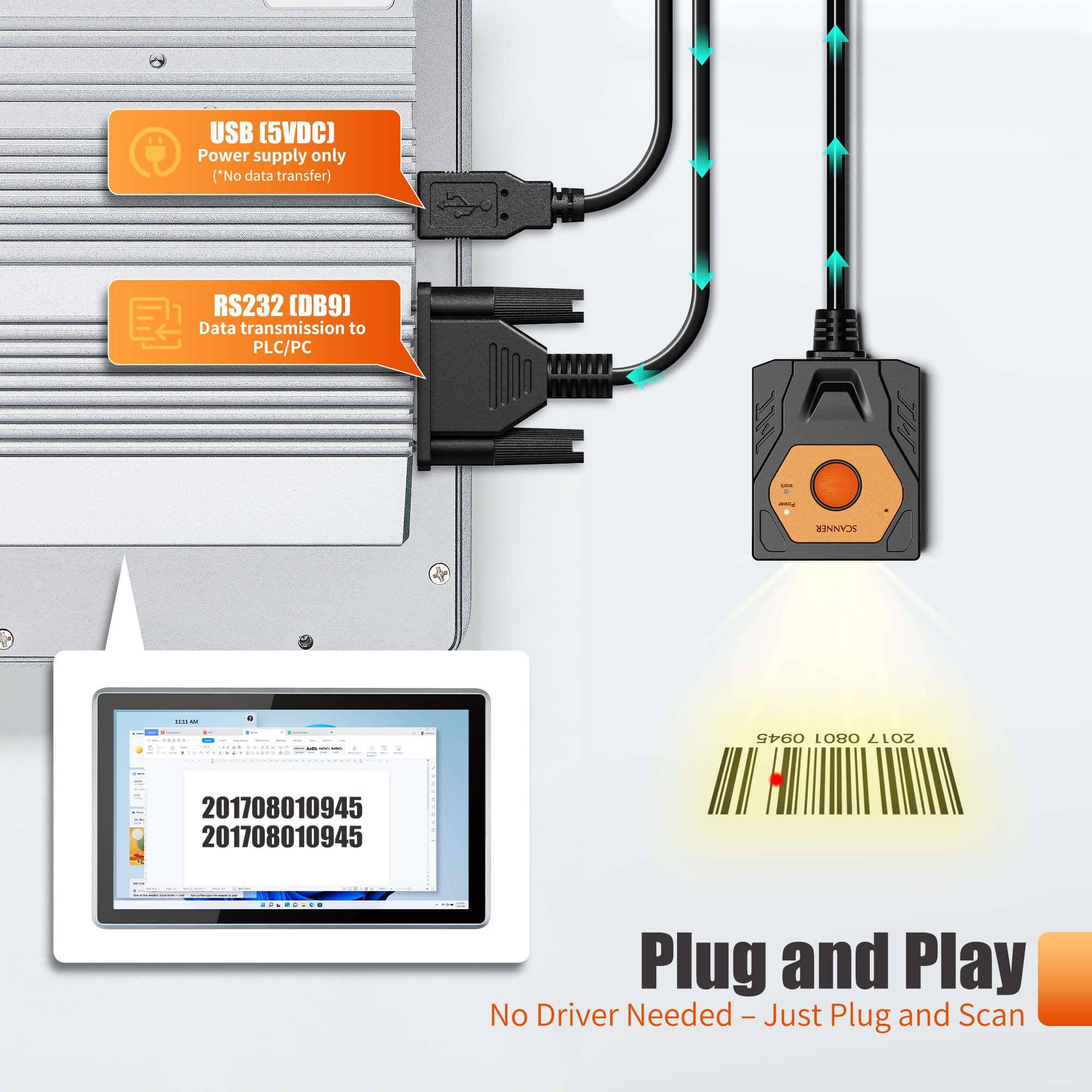 NETUM NT-480(RS232) Lector de código de barras integrado, escáner 2D de montaje fijo para códigos QR y 1D, módulo de escaneo omnidireccional manos libres para automatización industrial, quiosco, OEM y