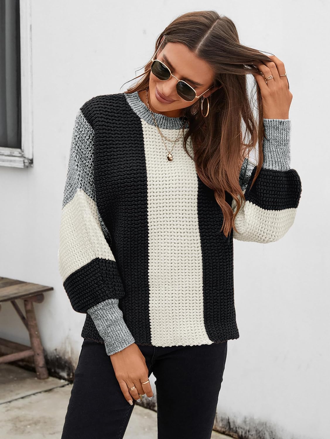 SunnyMelody Womens Cute Color Block Puff Sleeve Sweater Winter 2025 Ladies Trendy Crew Neck Knit Pullover Tops - Image 4