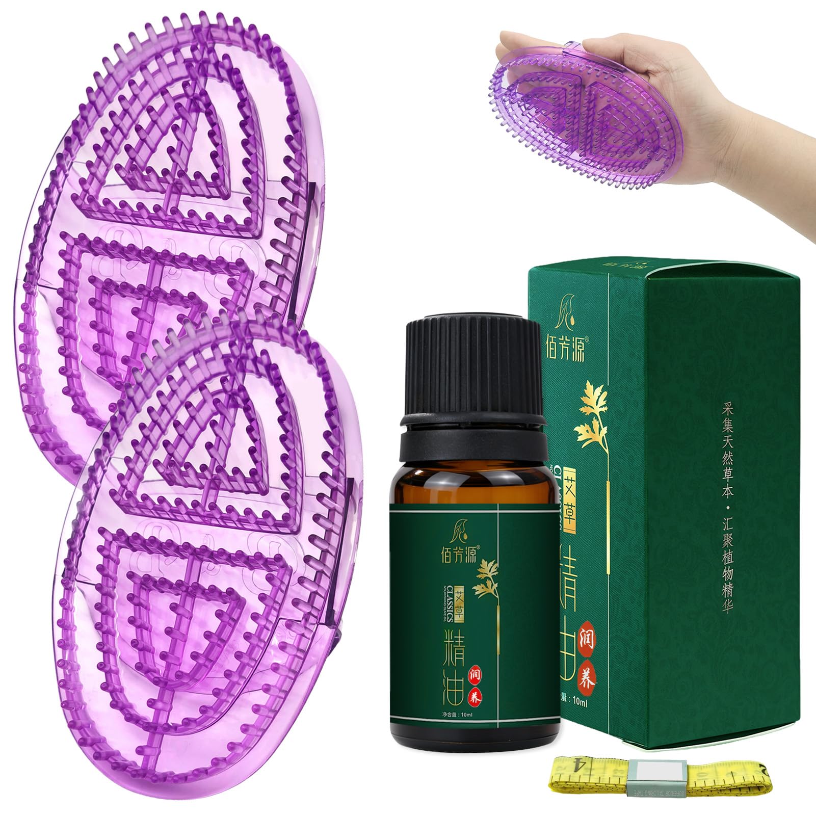 2 Spazzole Massaggianti Meridian con Oli Essenziali da 10 ml e Metro a Nastro da 1.5 m,Spazzola Massaggiante Five Elements Meridian,per Vita,Addome,Testa,Leg (Viola - Artemisia)