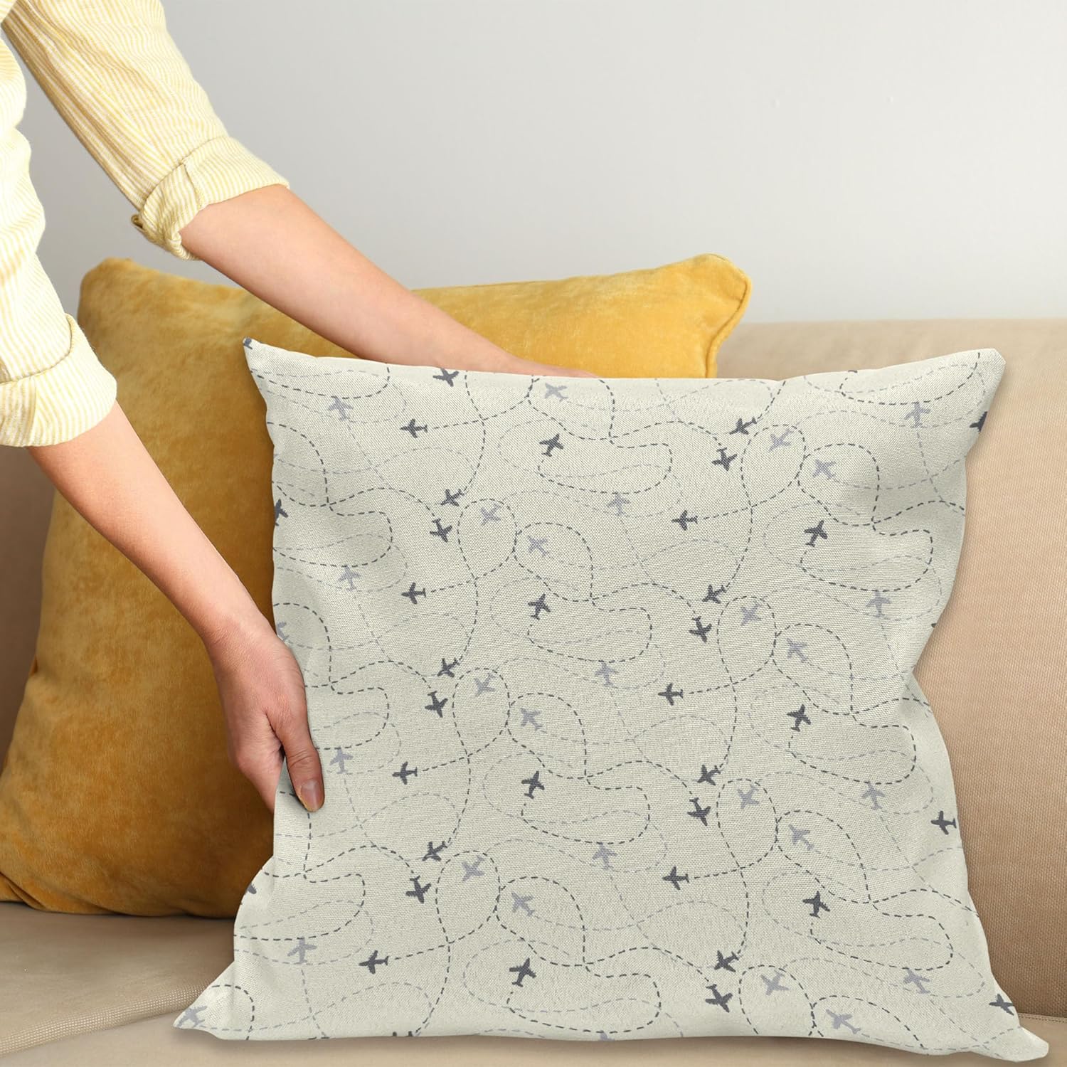 Ambesonne Airplane Print Throw Pillow Cushion Cover, Minimalist Modern Pattern of Traveling Themed Silhouettes Simple Ornament, Decorative Square Accent Pillow Case, 36" X 36", Cream Grey