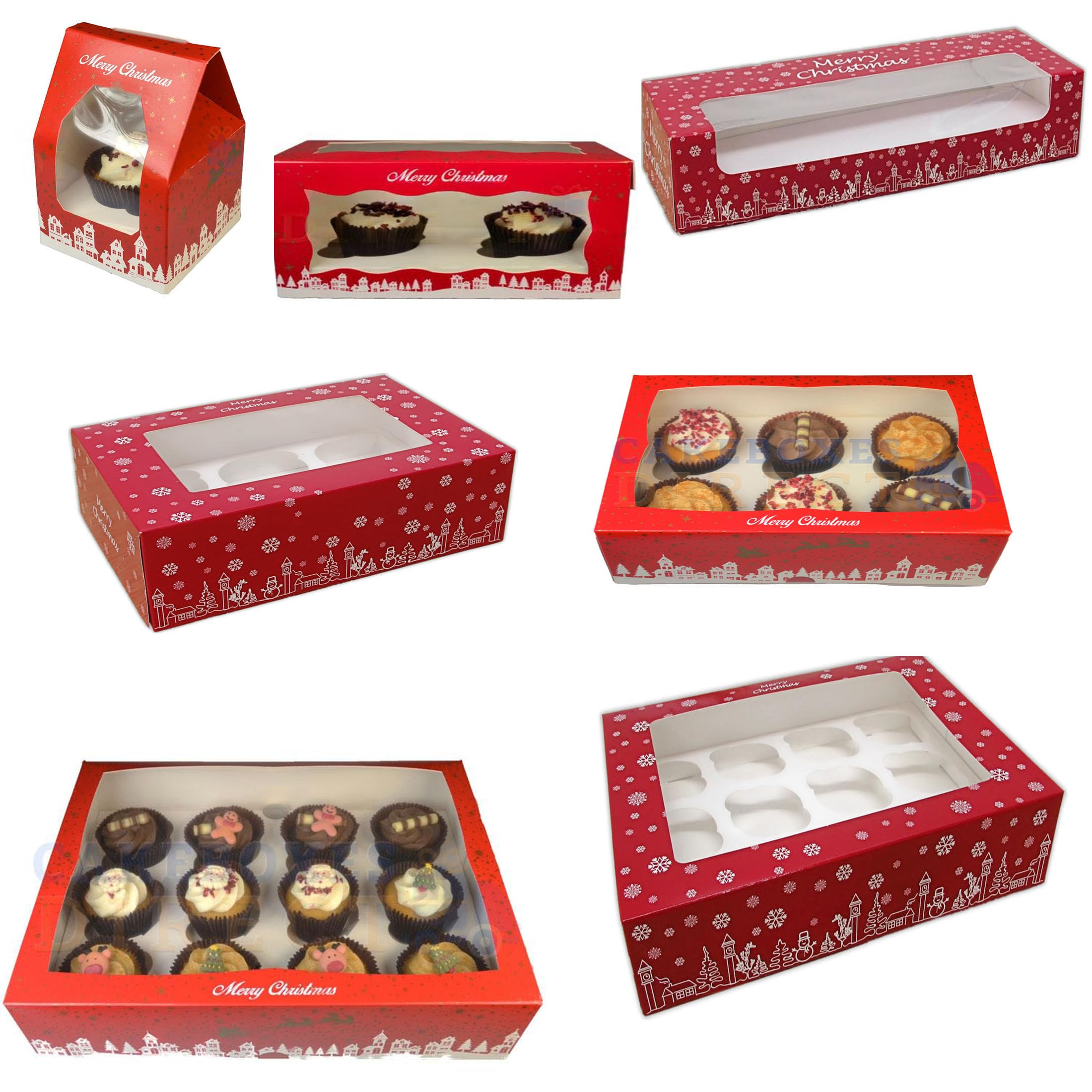 LARRYROO Festive Christmas Cupcake/Mince Pie Boxes for 1, 2, 3, 6, 12 Cup Cakes & Removable Inner Trays (25, 3 Mince Pie Box)