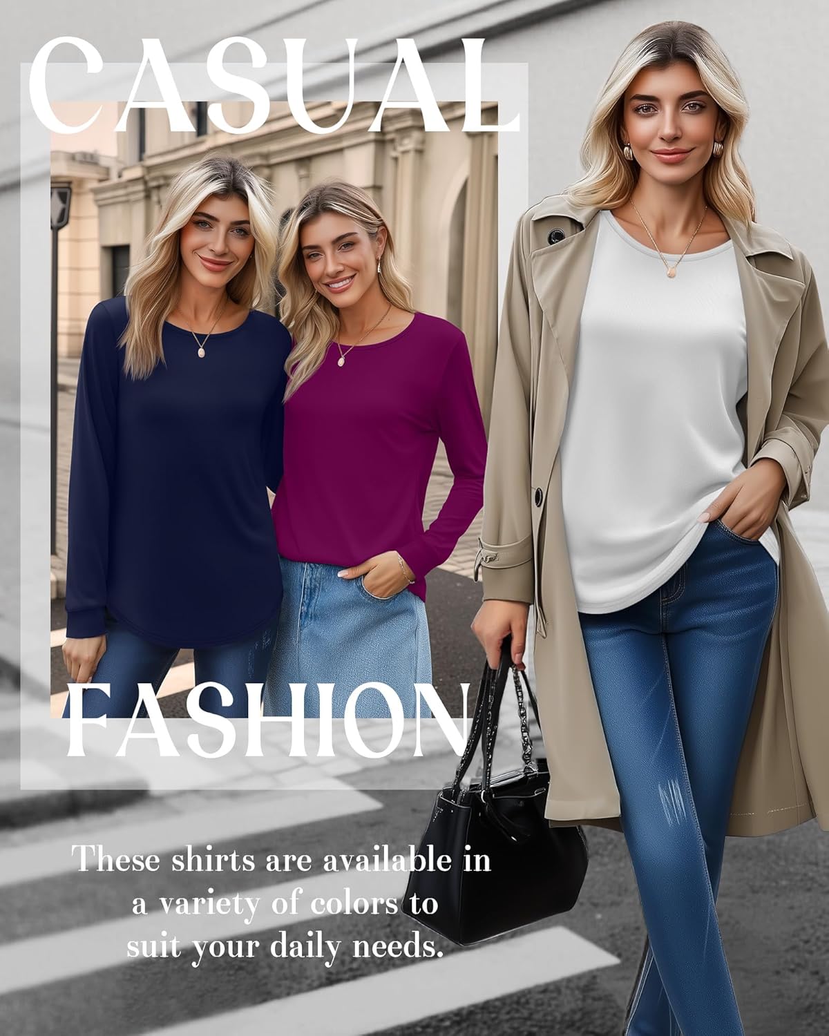 Huukeay 4 Pack Womens Long Sleeve Shirts Loose Fit Tunic Tops Crew Neck Curved Hem Basic Casual Layering Shirts - Image 4