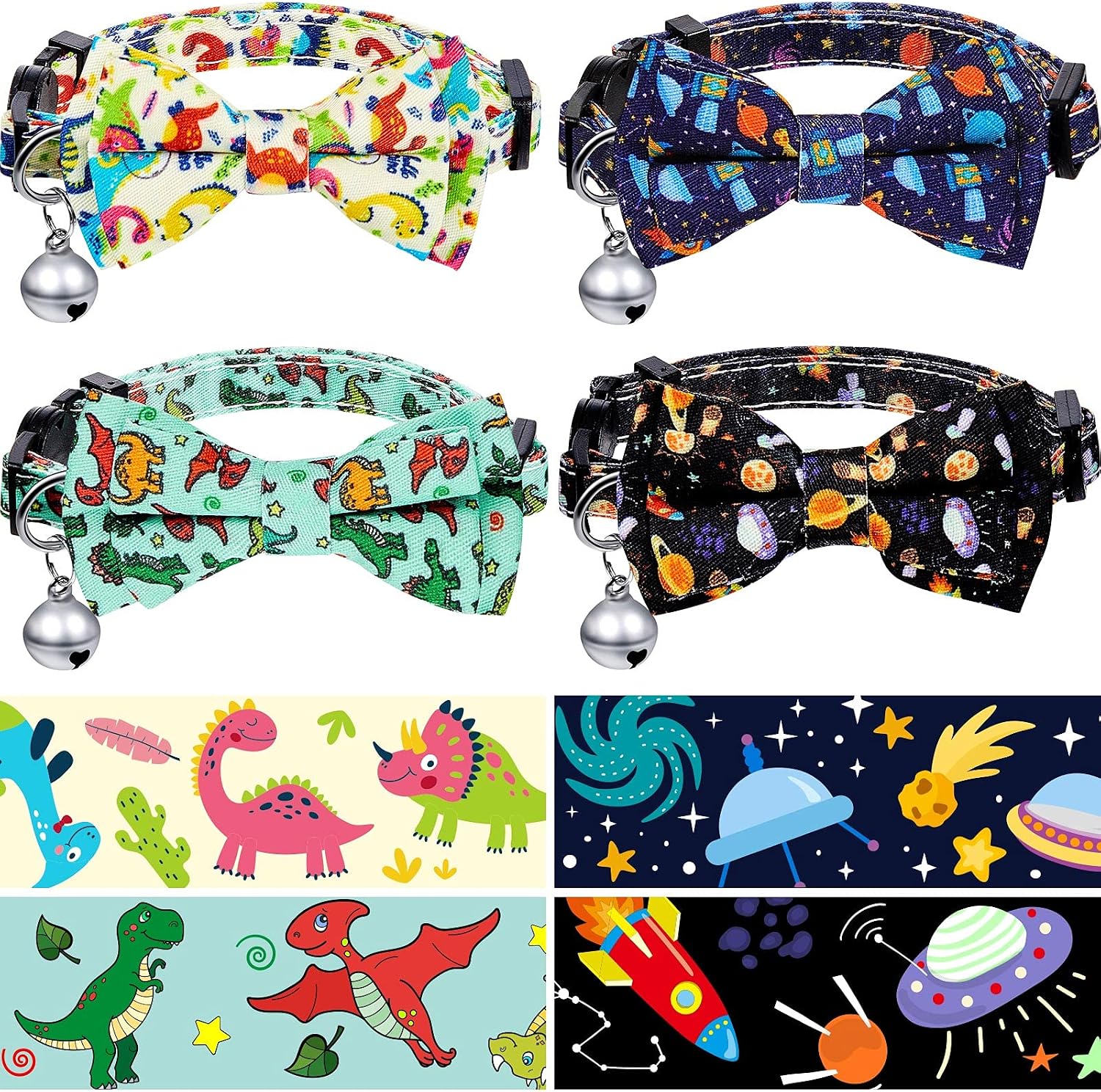 Sadnyy 4 Pieces Universe Dinosaur Breakaway Cat Collar with Cute Bow Tie and Bell Adjustable Safety Breakaway Pet Universe Dinosaur Pattern Collar for Kitten Kitty, 4 Styles