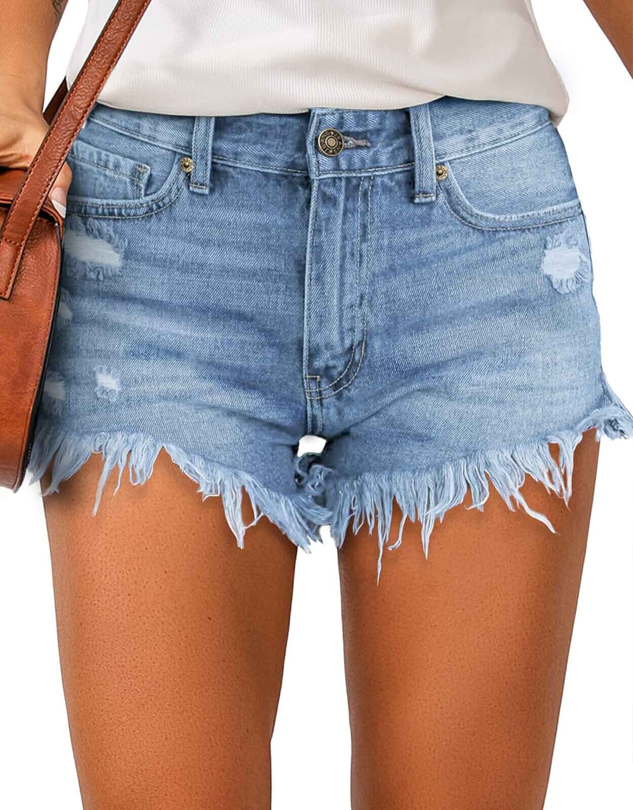 Metietila Women's Casual High Waisted Denim Shorts Frayed Raw Hem Stretch Ripped Jean Shorts