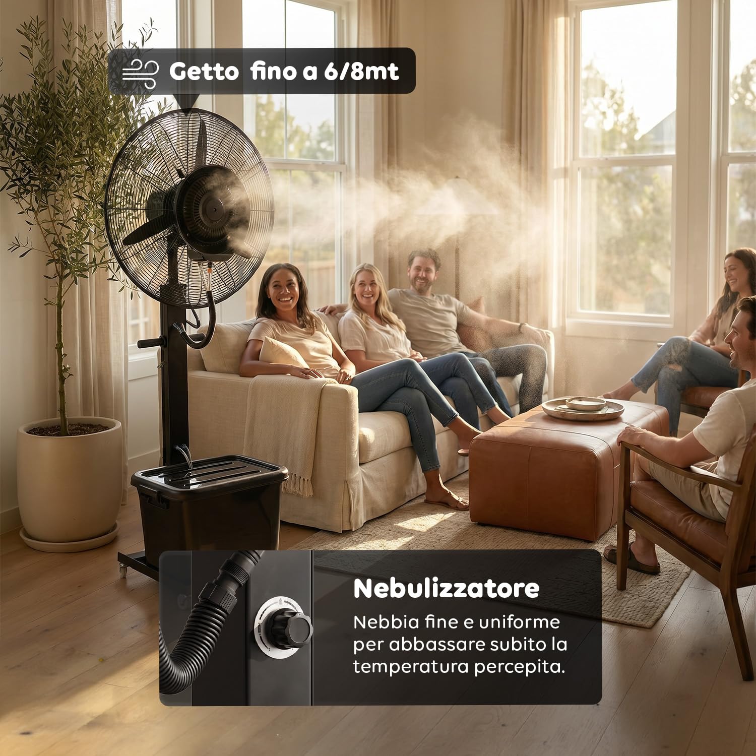 Wintem - BERGEN Ventilatore Nebulizzatore Industriale 230W – Raffrescatore ad Acqua con Serbatoio 45L – Diametro 65cm e Altezza 175cm – Getto 8mt – 3 Velocità, Oscillante e Portatile con Ruote 360°