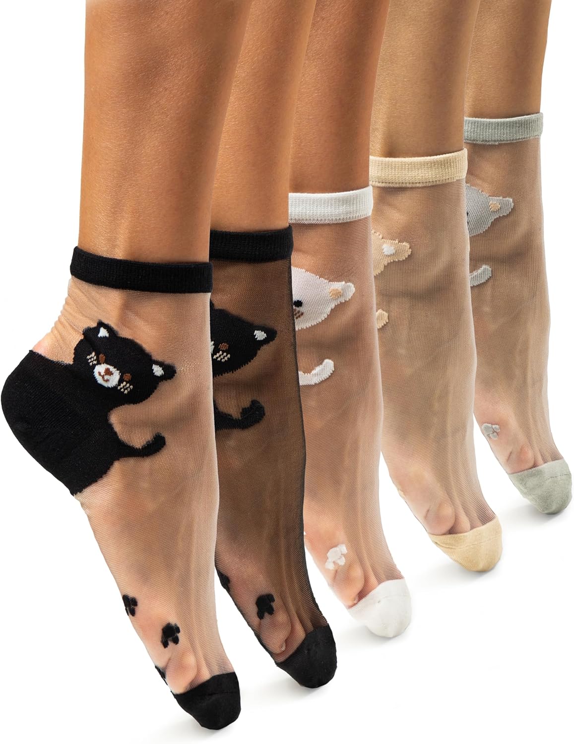 5 Pairs Set of Women’s Sheer Cat Socks with Paw Print Sole – Transparent Mesh Stretchy Short Socks for US Size 6.5–9 – Cute Animal Design in Assorted Colors