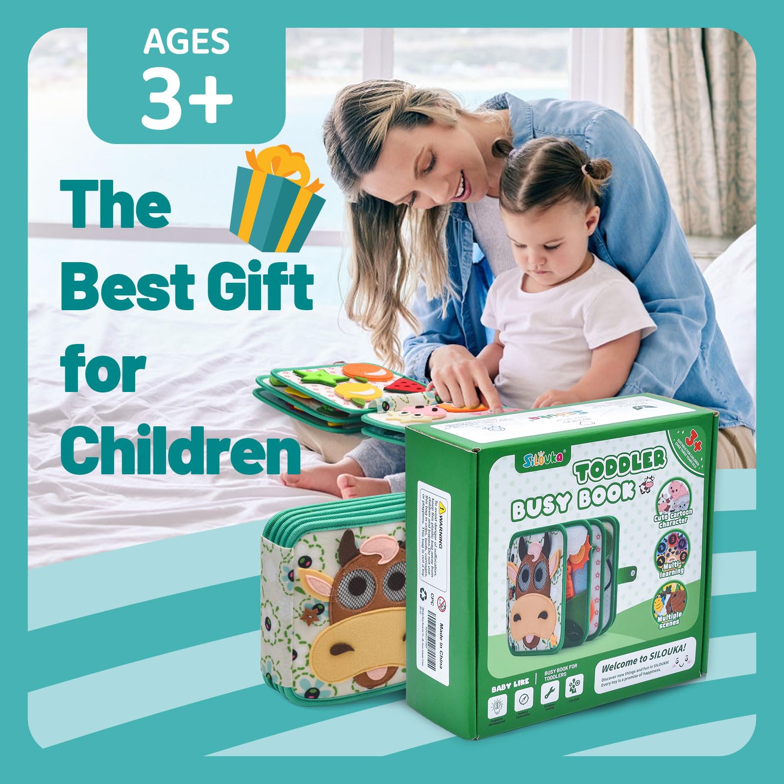 Montessori - Libro ocupado para niños pequeños de 1 a 3 años, libro silencioso de fieltro y tablero de actividades para aprendizaje preescolar, habilidades motoras finas y juego sensorial, juguete 6