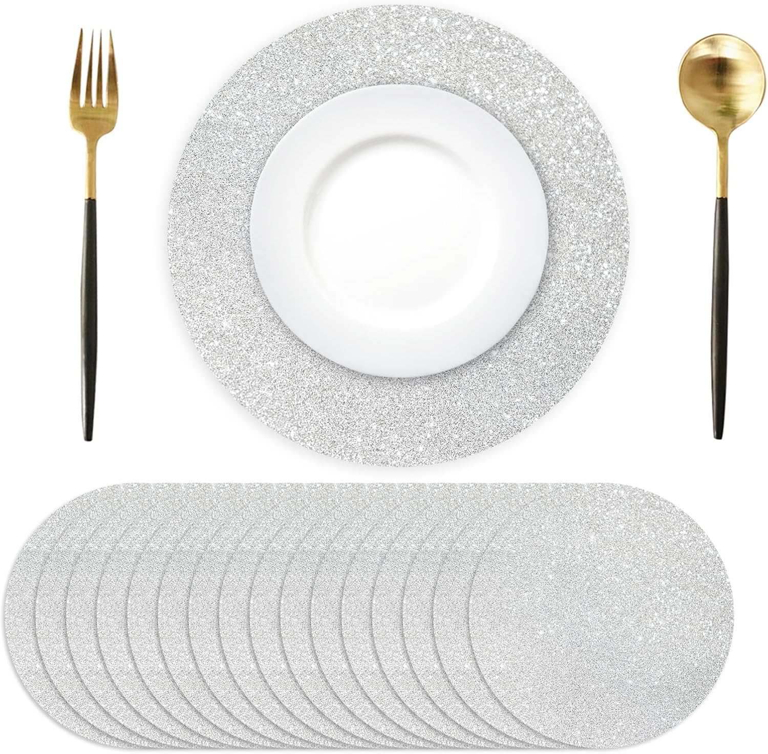 100PCS Silver Glitter Paper Placemats Disposable 13.4 Inch Shiny Round Paper Place Mats Decorative Silver Table Mats for Birthday Wedding Party Sparkle Kitchen Dining Tableware
