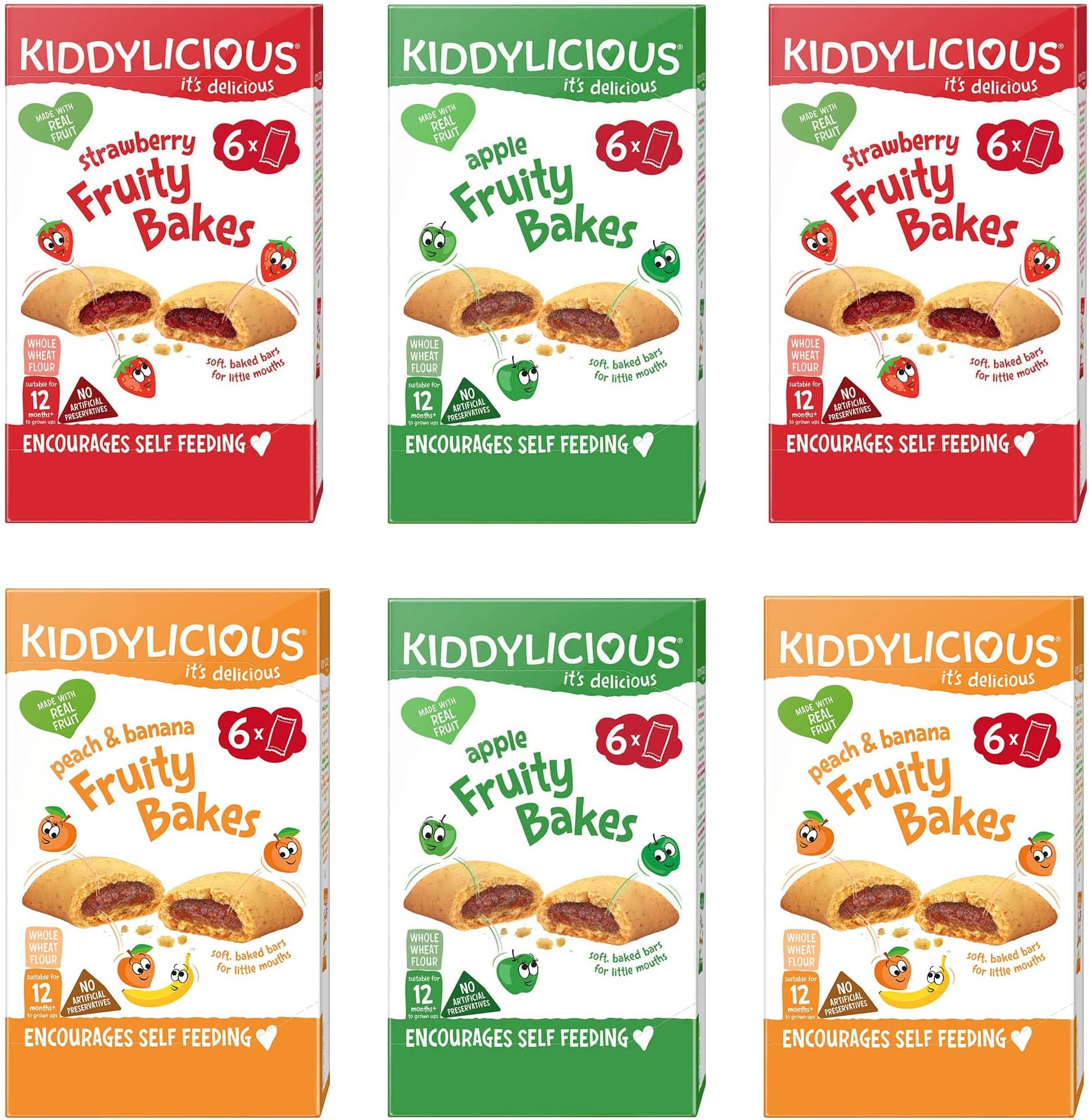 Kiddylicious 12 Month+ Fruity Bakes Mixed Variety Pack - Apple, Peach & Banana, Strawberry (36x22g)