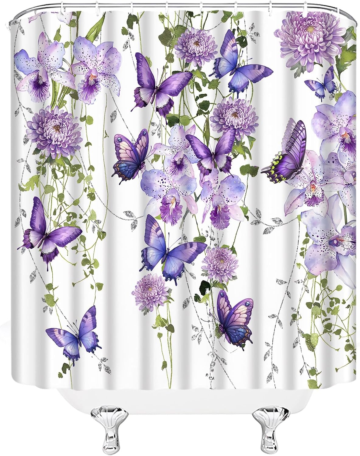 Butterfly Flower Shower Curtain Purple Floral Butterflies Fantasy Lilac Spring Nature Garden Plant Girls Bathroom Decor Fabric Home with Hooks,(84" Wx70 H)