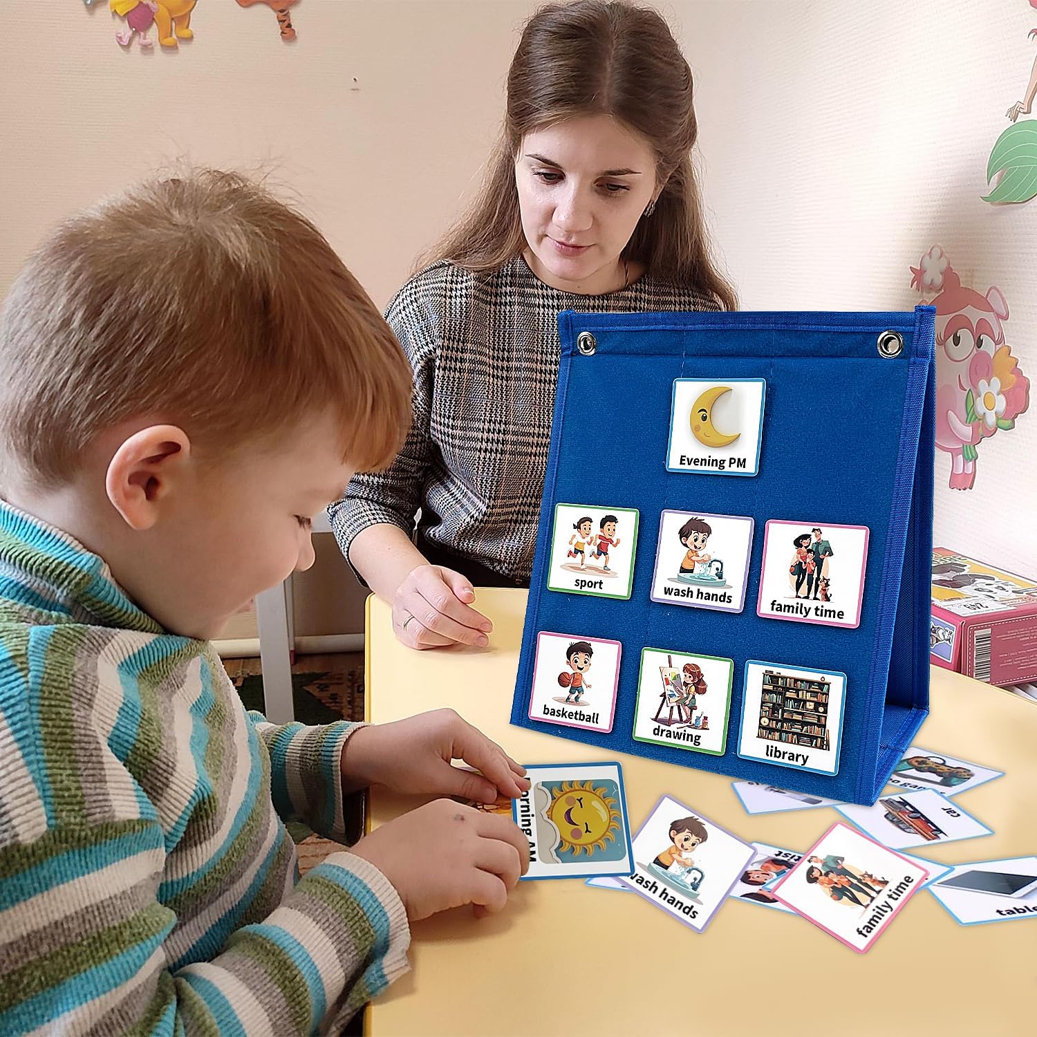 Tabla de Tareas para Niños, Horario Visual Niños con 96 Tarjetas, Tabla de Rutinas de Tareas Diarias para Autismo, Tarjetas de Horario Visuales con Pared Trasera y Cierre de Velcro (GHJ094a)