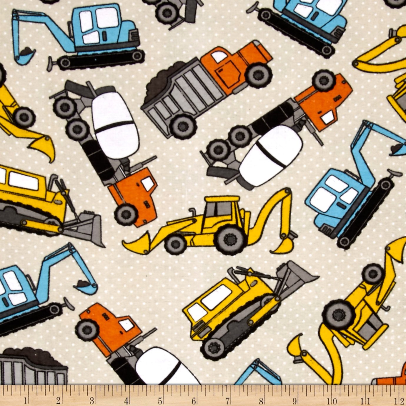 Alpine Flannel Diggers And Trucks Cream Fabric By The Yard