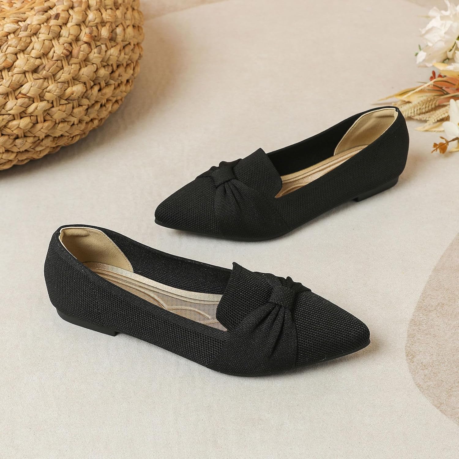 Flats for Womens Classic Pointed Toe Ballet Flats Comfortable Knit Dressy Bow Flats Shoes - Image 5
