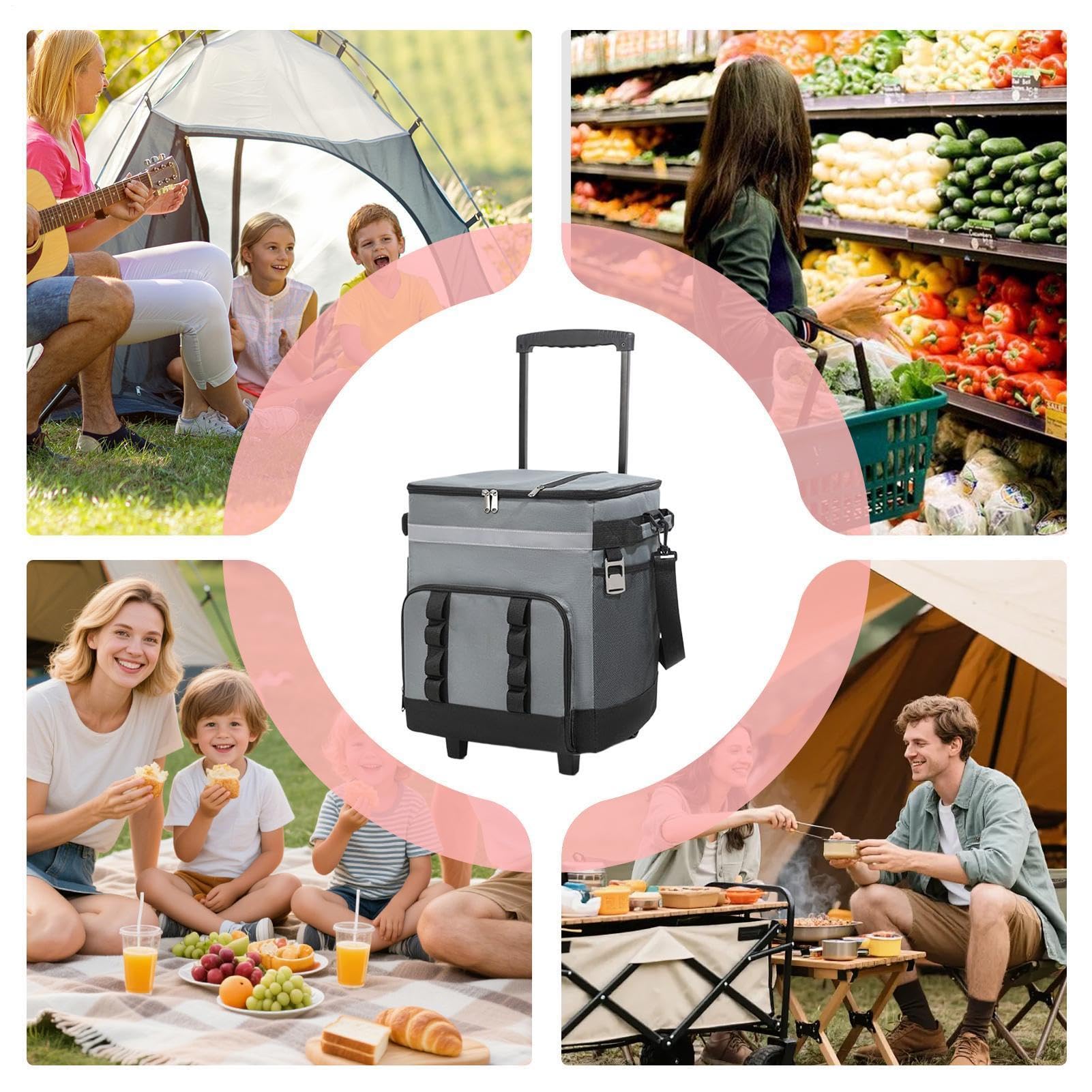 Grande borsa frigo a rotelle, a prova di perdite, da 35 litri, con rivestimento impermeabile, resistente e con maniglia, per picnic