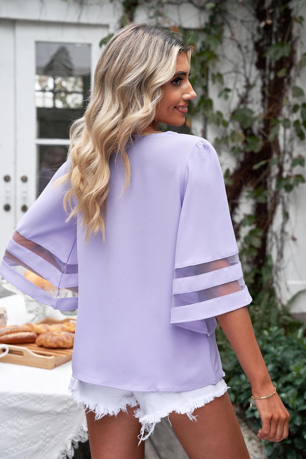 LookbookStore Tops for Women Trendy 2024 Dressy Casual V Neck Mesh Panel Blouse 3/4 Bell Sleeve Shirt - Image 4