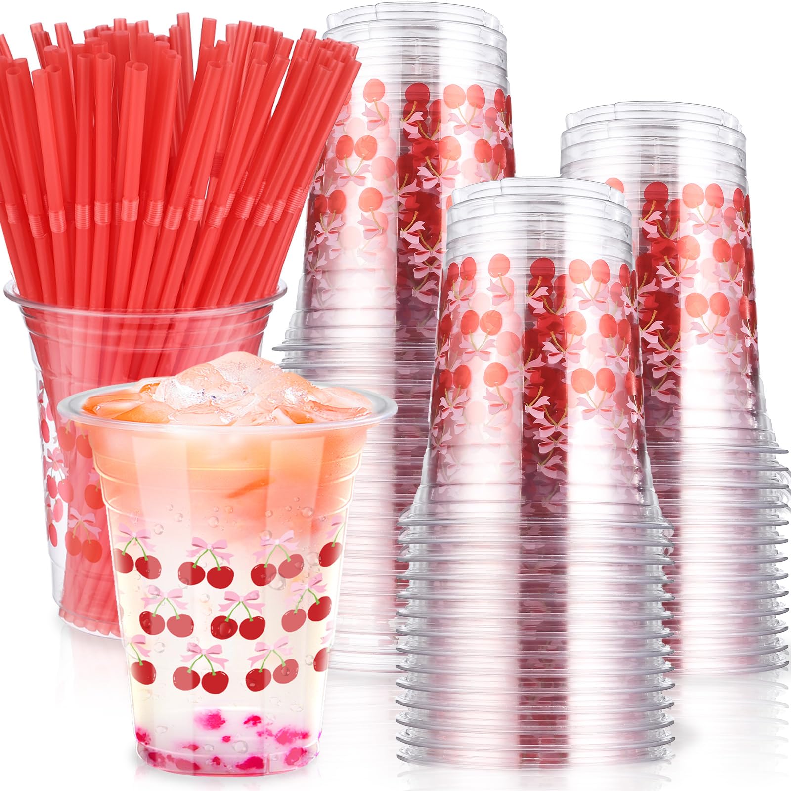 Yoiemivy 100 Pcs Cherry Disposable Plastic Cups with Straws 16 oz Cute Cherry Beverage Drinking Cups for Holiday Party Favors Drinkware Supplies