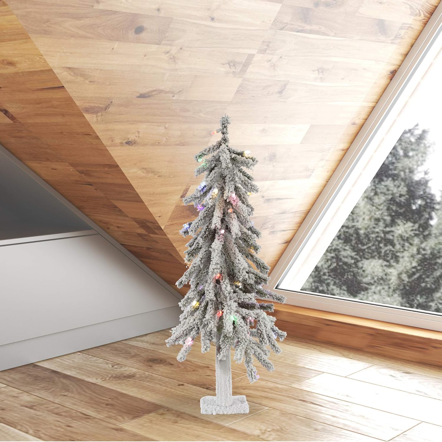 Vickerman 3' Flocked Alpine Artificial Christmas Tree, Multi-Colored LED Dura-Lit Lights - Snow Covered Faux Tree - Seasonal Indoor Home Decor - Real Wood Trunk