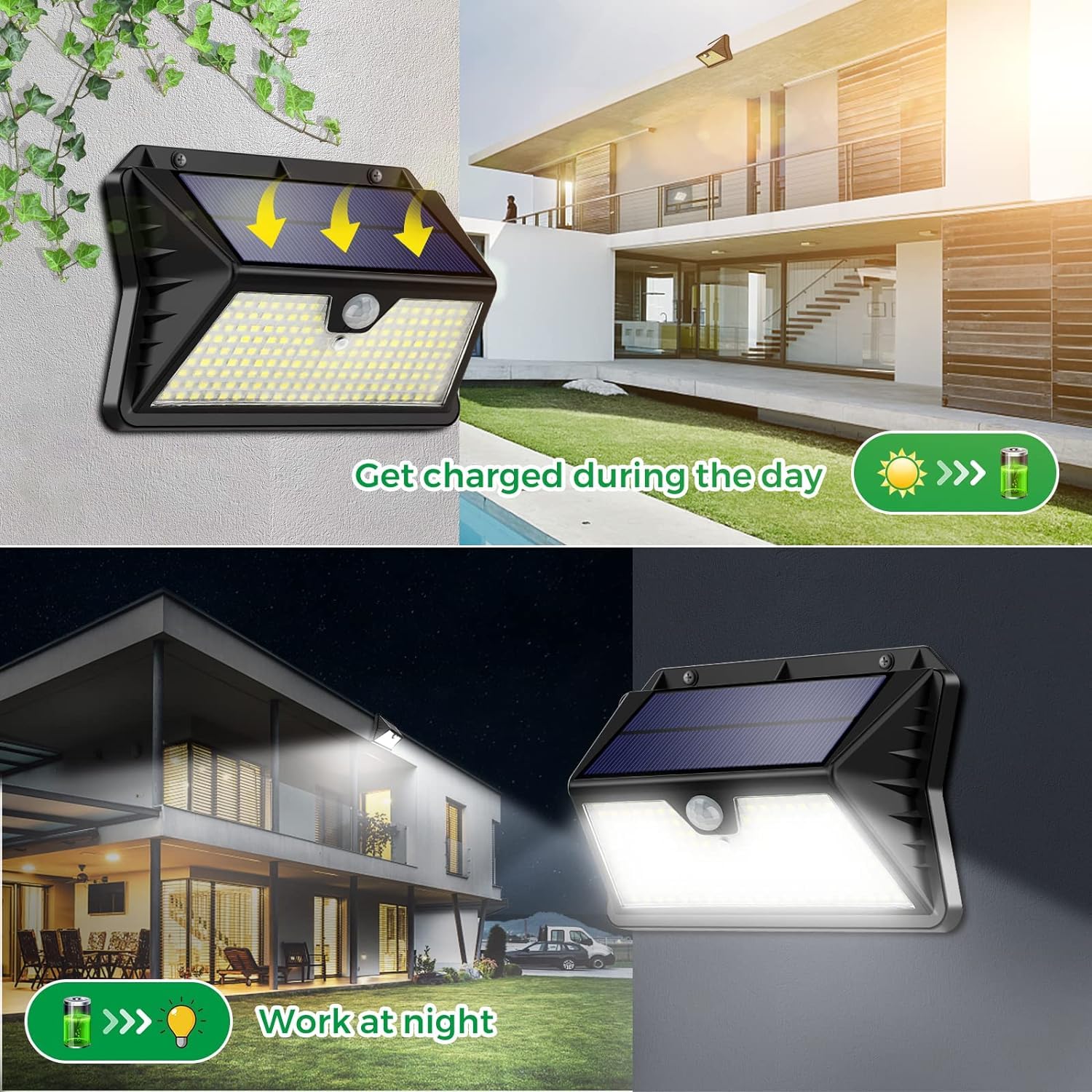 Faro LED Esterno con Pannello Solare, 4 Pezzi 185 LED 3 Modos Luce Solare LED Esterno con Sensore di Movimento, Lampada Solare da Esterno, IP65 Impermeabile LED Lampione per Giardino(Bianco Freddo)