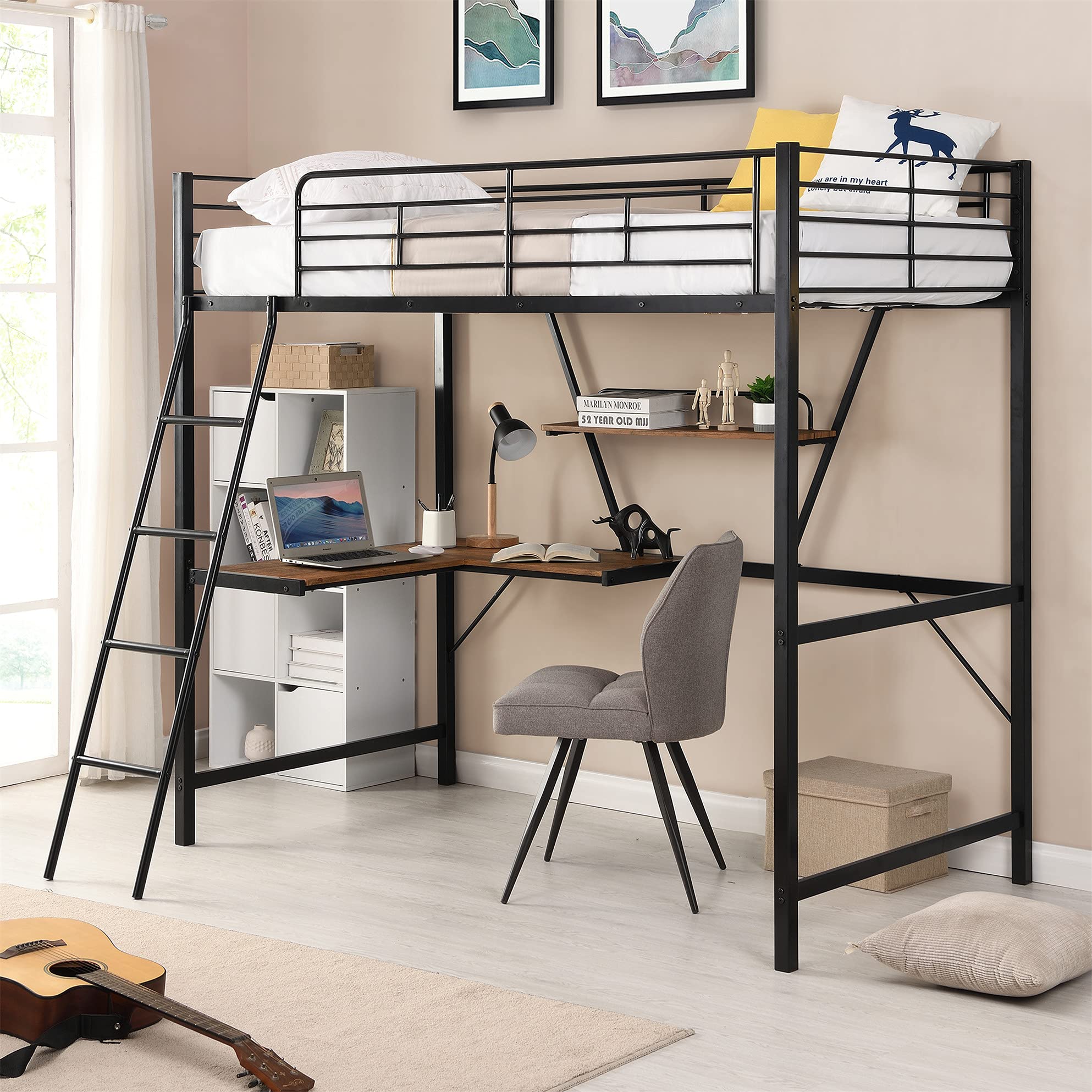 Amazon Com Twin Loft Bed With Desk And Shelf Metal Loft Bed With Guardrails And Ladder For Kids Teens Adults Black Home Kitchen