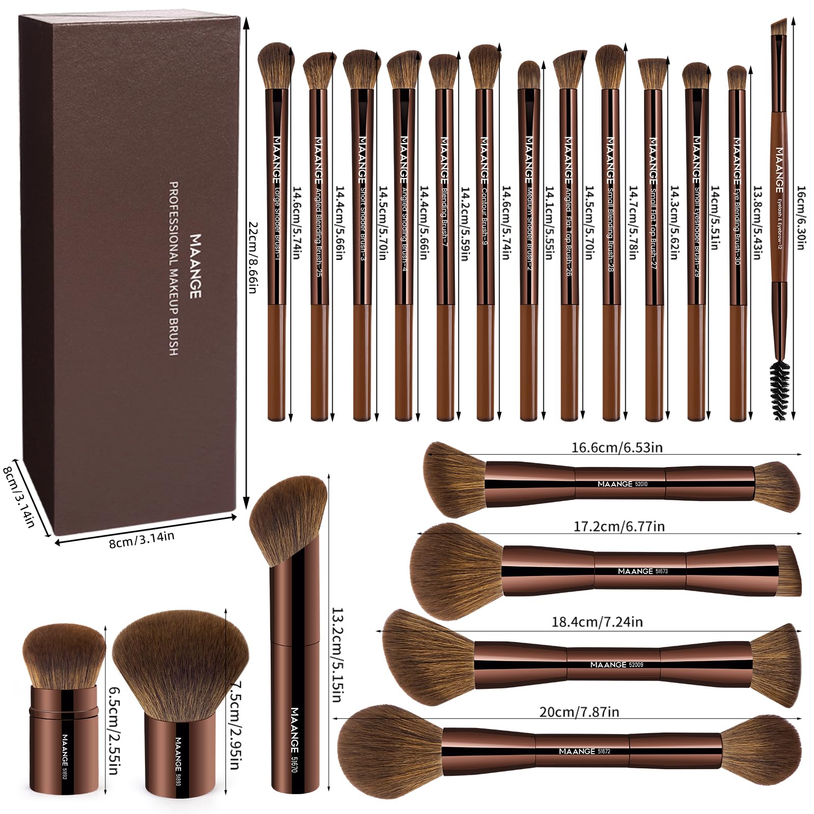 MAANGE 20 pennelli da trucco con confezione regalo, pennelli multifunzione a doppia estremità per miscelare polvere liquida, correttore, crema, fard, marrone scuro