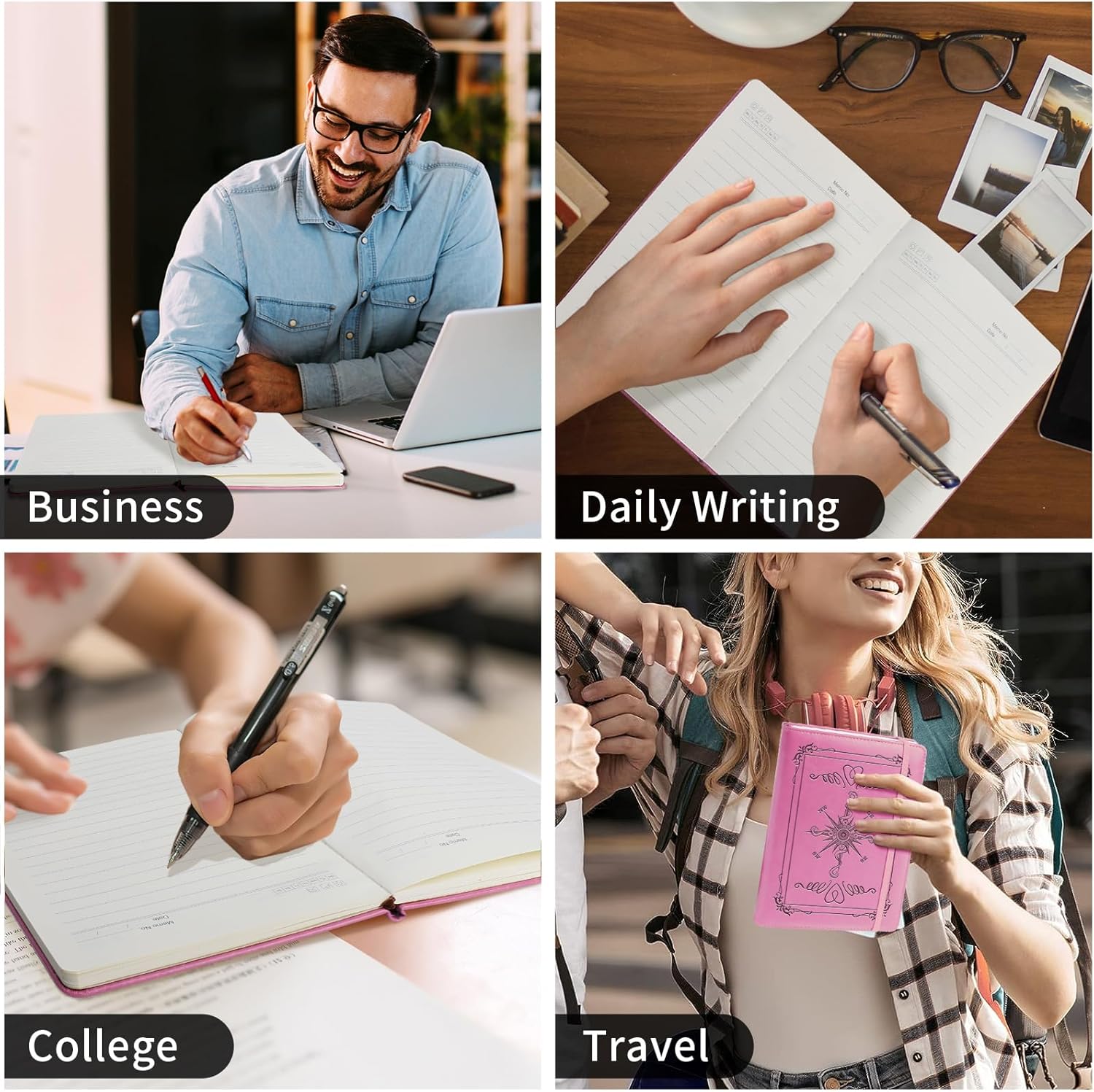 Compass Gift Compass 2pcs PU Leather Notebook Journal for Men A5 Travel Notebook Compass Lined Journals for Office Daily Writing (2pcs compass-pink)