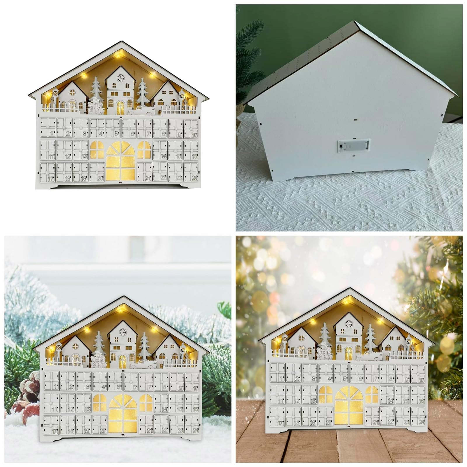 Holz LED beleuchteter Adventskalender, Weihnachten Adventskalender, mit LED-Lichtern und 24 Schubladen, Holzdeko