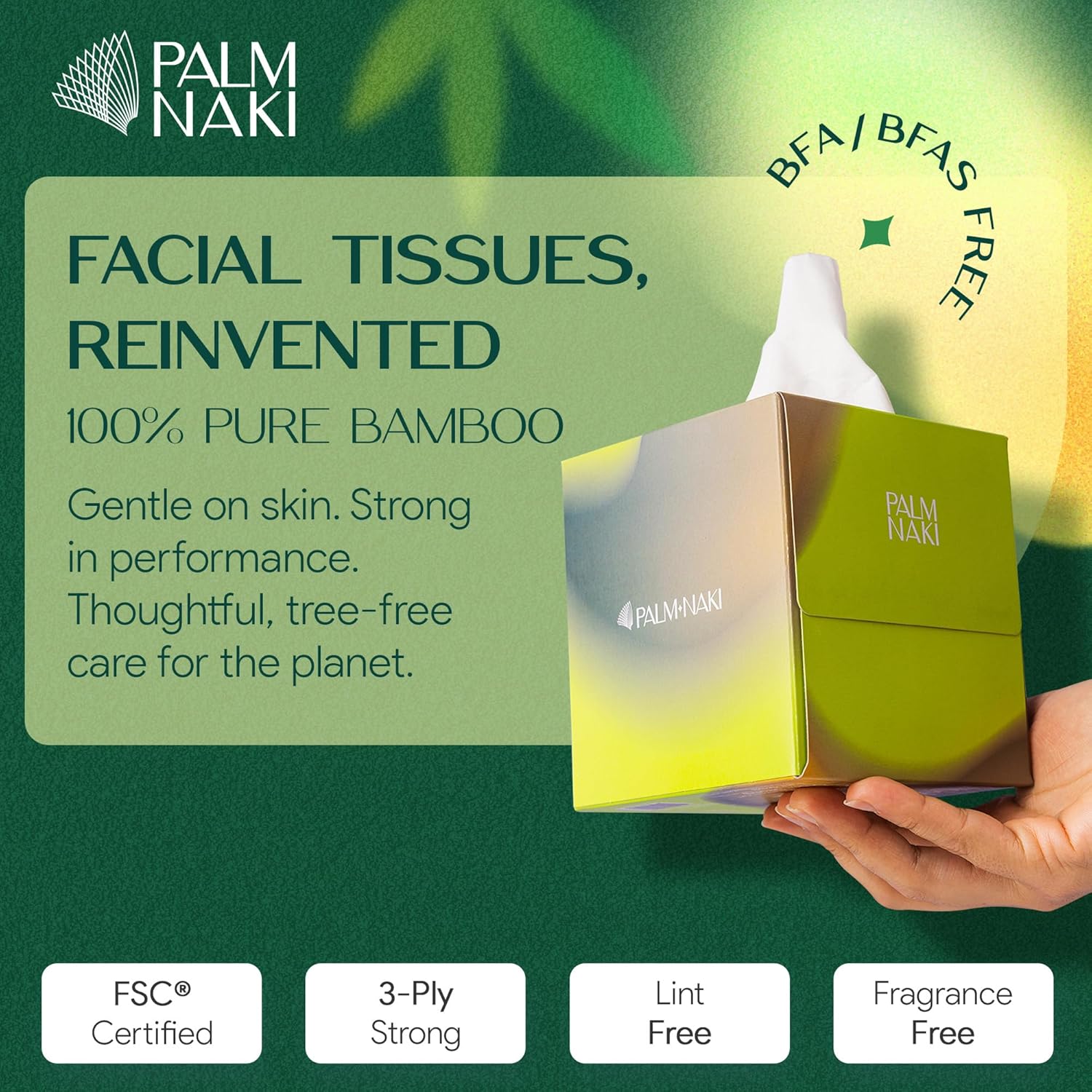 Bamboo Facial Tissue | 3-Ply Strong | Lint-Free, Fragrance-Free | Gentle for Sensitive Skin | BPA & PFAS-Free, FSC Certified | 8 Cube Boxes (480 Sheets) | PALM NAKI - Image 2