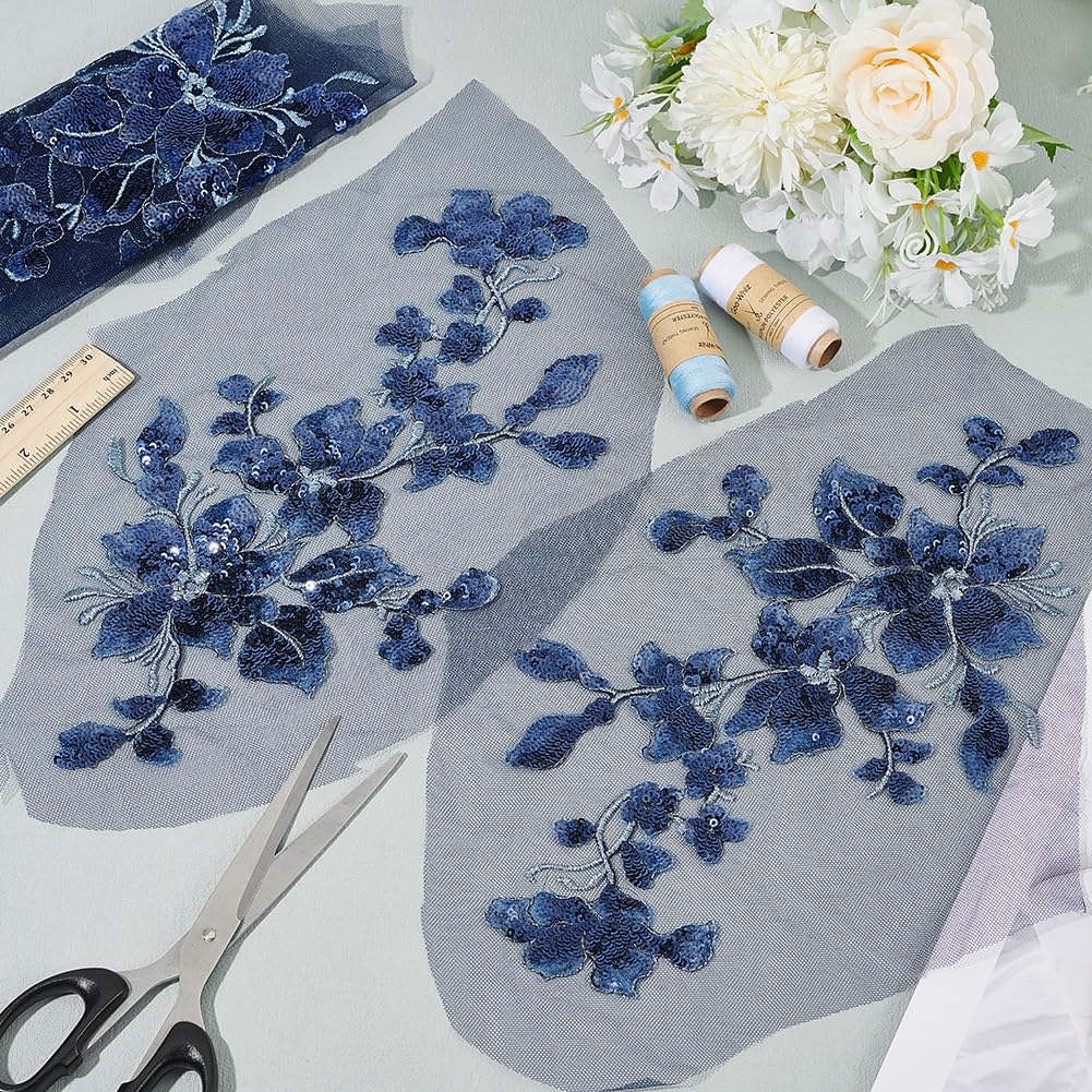 4 Piezas Bordado Lentejuelas Apliques de Encaje Hojas Azules Flores Parches Poliéster Decorativos Apliques Florales Vestidos Decoraciones de Costura para Tela Bricolaje Manualidades