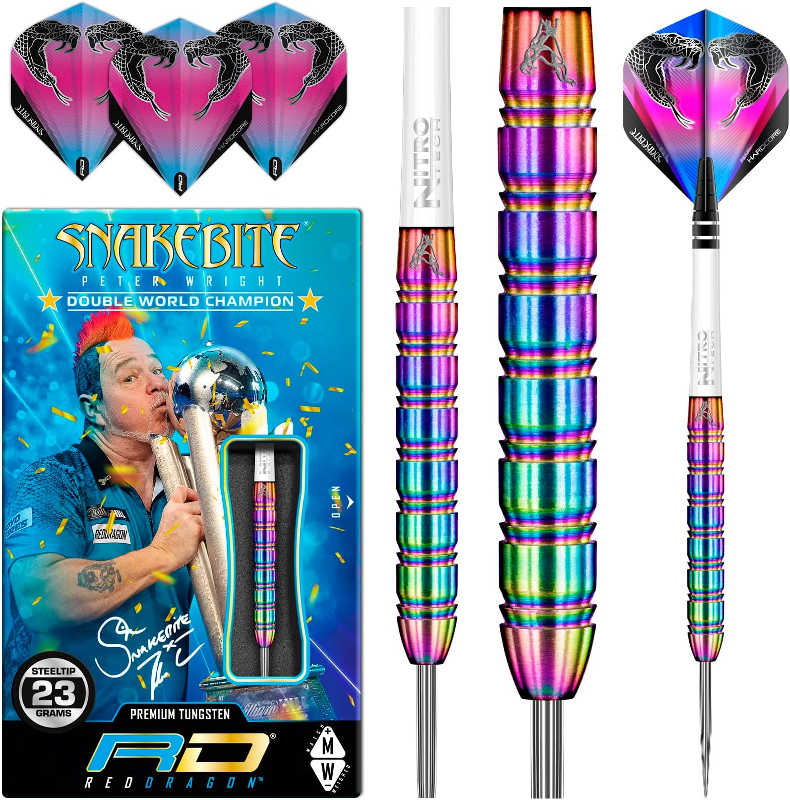 Peter Wright Snakebite PL15: 22g Tungsten Darts Set with Flights and Stems
