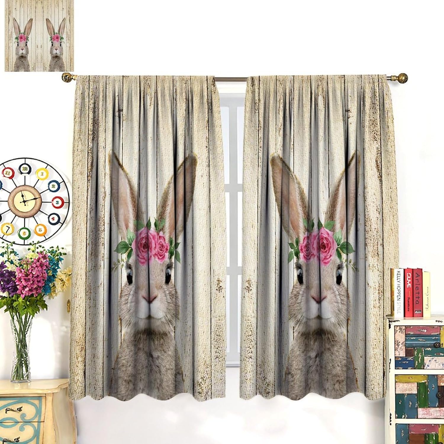 Funny Rabbit Fabric Blackout Curtain, Grey Brown Bunny and Flower Rustic Wooden for Home Kitchen Livingroom Coffee Room Window Drapes 2Panel 42" W X 45" L