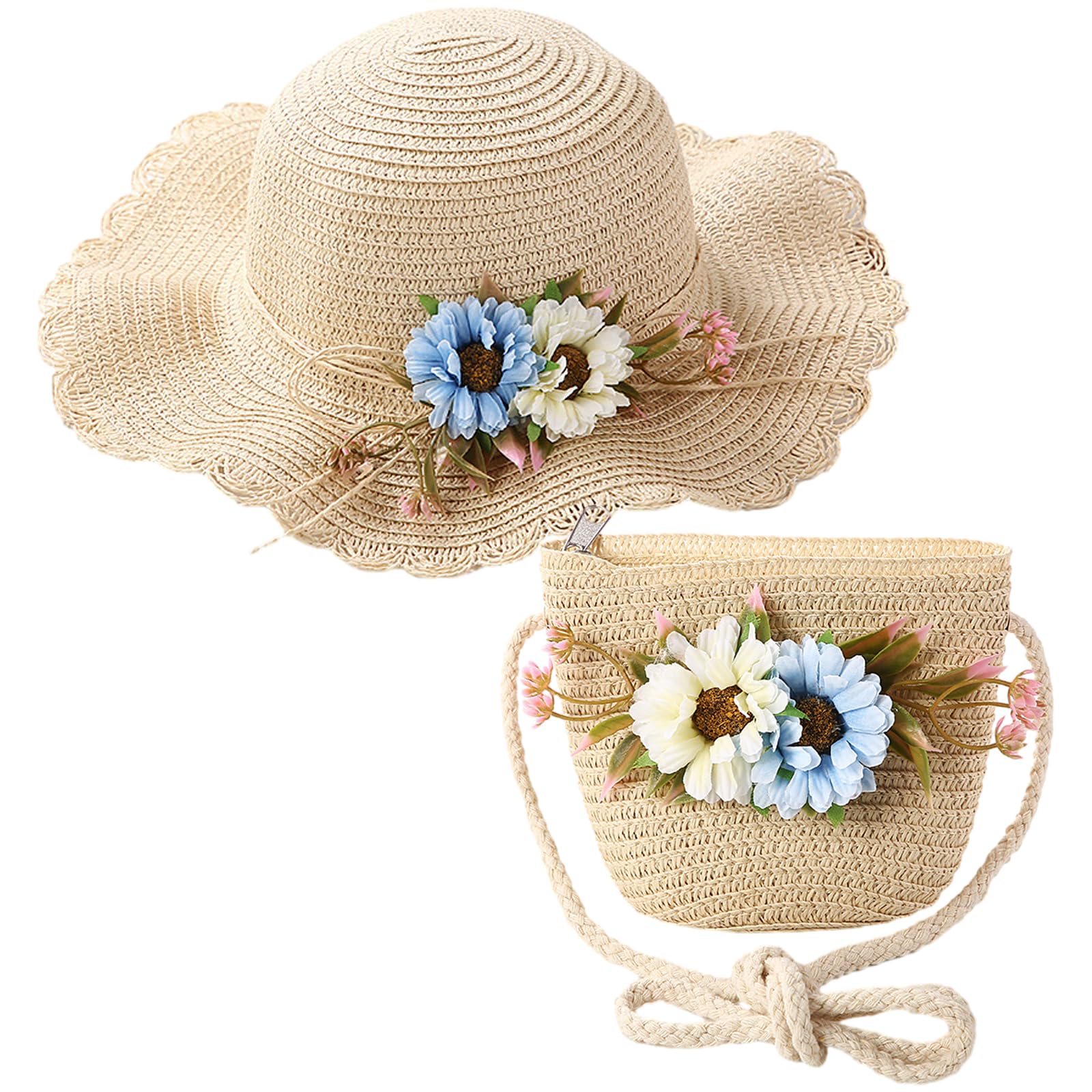 ComforsoGirls Sun Hat and Mini Cross Body Bag Set Kid Summer Straw Hat Wide Brim Sun Protection Visor Hats Flower Straw Hat for Kids Girls Kids Girls Holiday Travel 2-8 Years Old