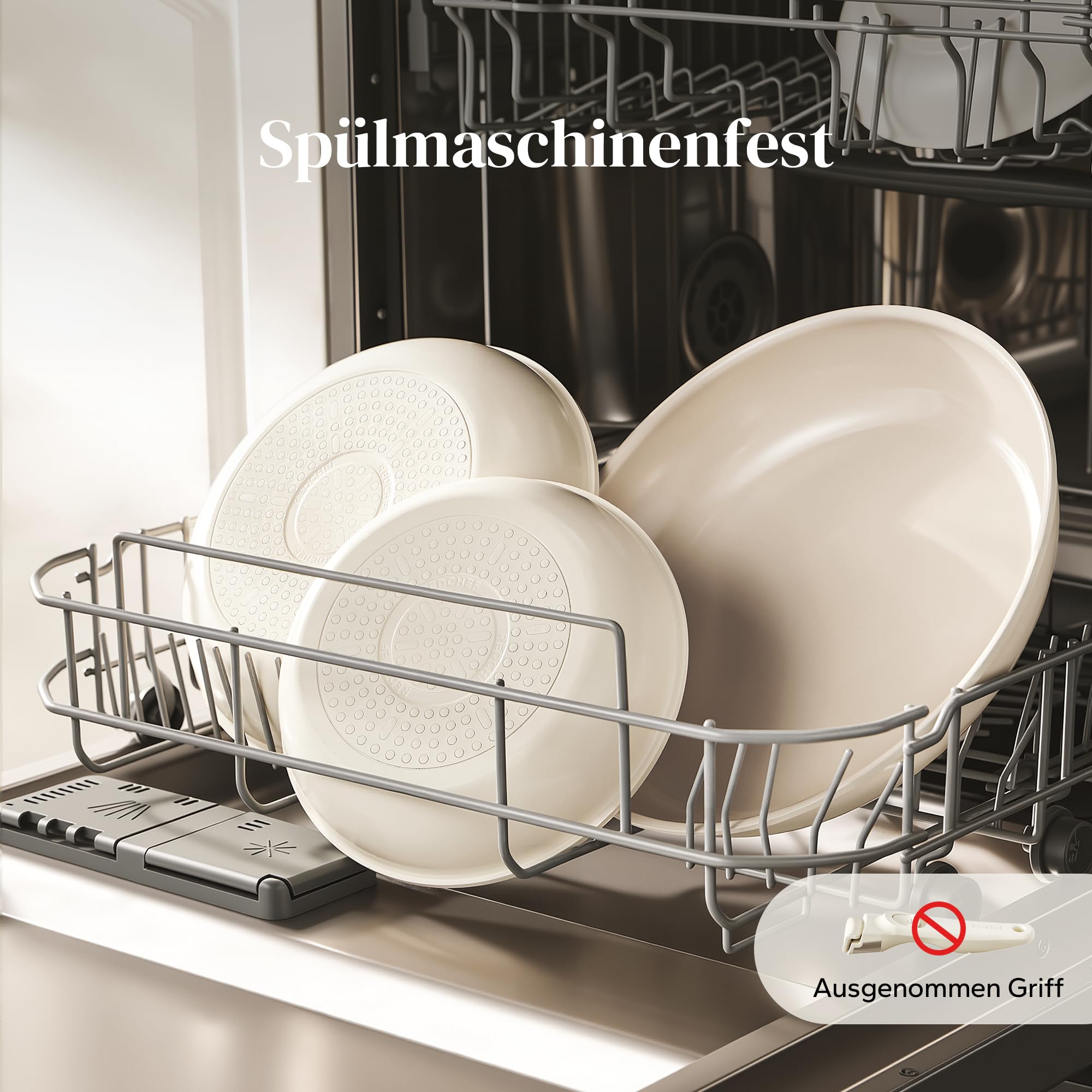 Redchef Set di Padelle con Manico Rimovibile, Padella in Ceramica con Antiaderente in Granito, Adatto All’Induzione, Padella 20, 24, 28 cm, Salvaspazio, Senza Ptfe & Pfoa & Pfas, Beige