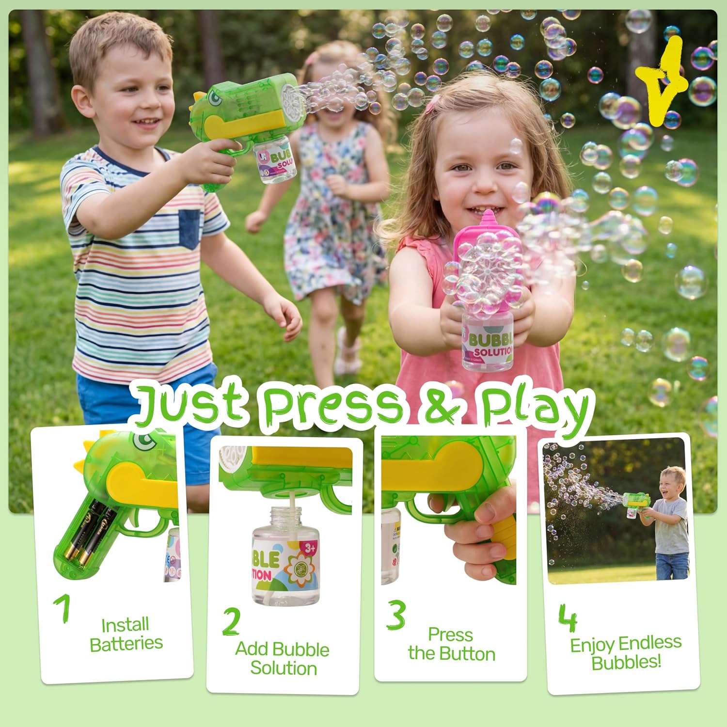 SYNCFUN 2 Bubble Guns with LED Light, 12 Holes Dinosaur & Unicorn Bubble Gun with 4 Bottle Refill Solution for Toddlers 1-3, Bubble Machine Gun for Kid Party Favor, Summer Toy, Outdoor, Birthday Gift