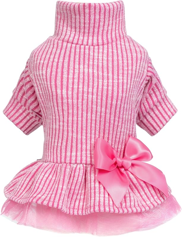Vestido de Tricô Canelado para Cães com Gola Alta e Saia de Tule Fitwarm Rosa, Tamanho Medium