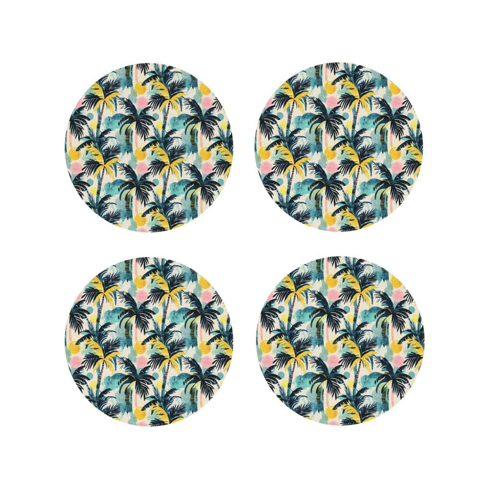 Leather Coasters Set of 4 - Hawaii Plant Silhouette Print Lightweight Drink Coasters for Desk
