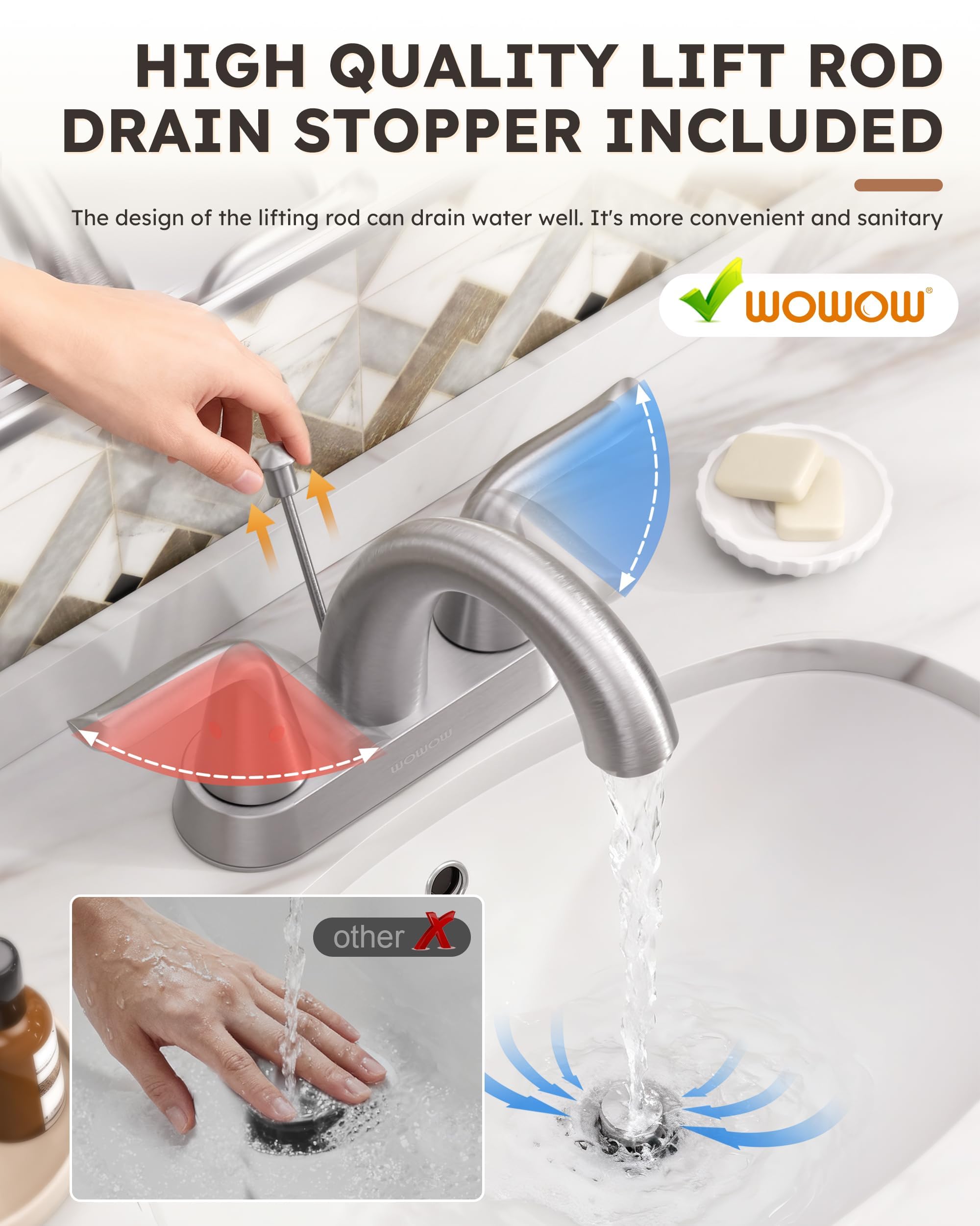 WOWOW Bathroom Faucet 2 Handle 4 Inch Centerset Bathroom Sink Faucet Lead-Free Basin Mixer Tap with Lift Rod — view 4