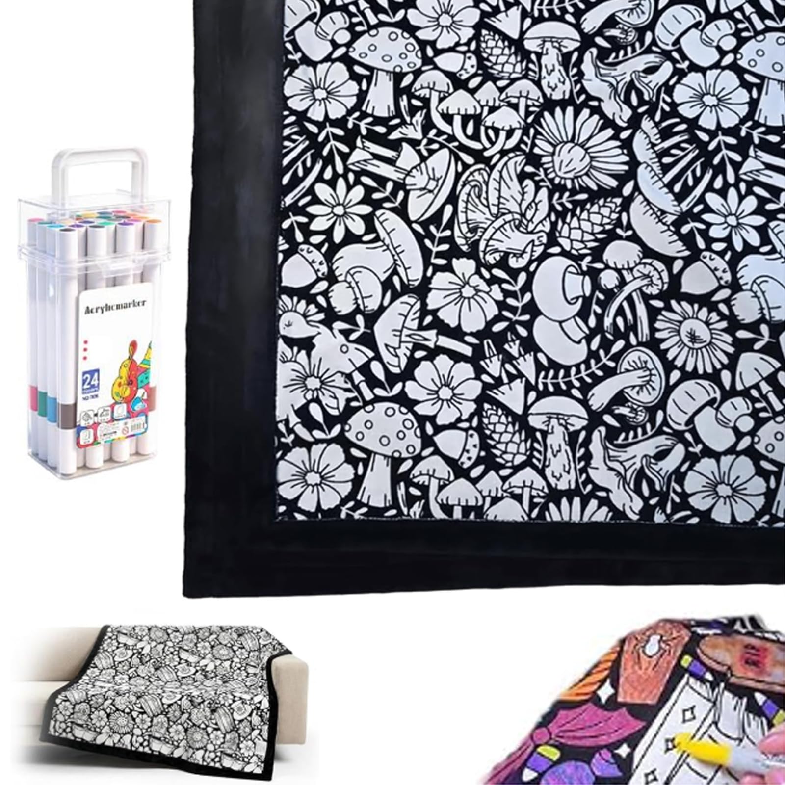 QhgPnt DIY Colouring Blanket for Adults, DIY Coloring Blanket Creative Personalized Art Project, Colour Your Own Picnic Blanket with 12 Vibrant Markers, Creative Stress Relief Activity